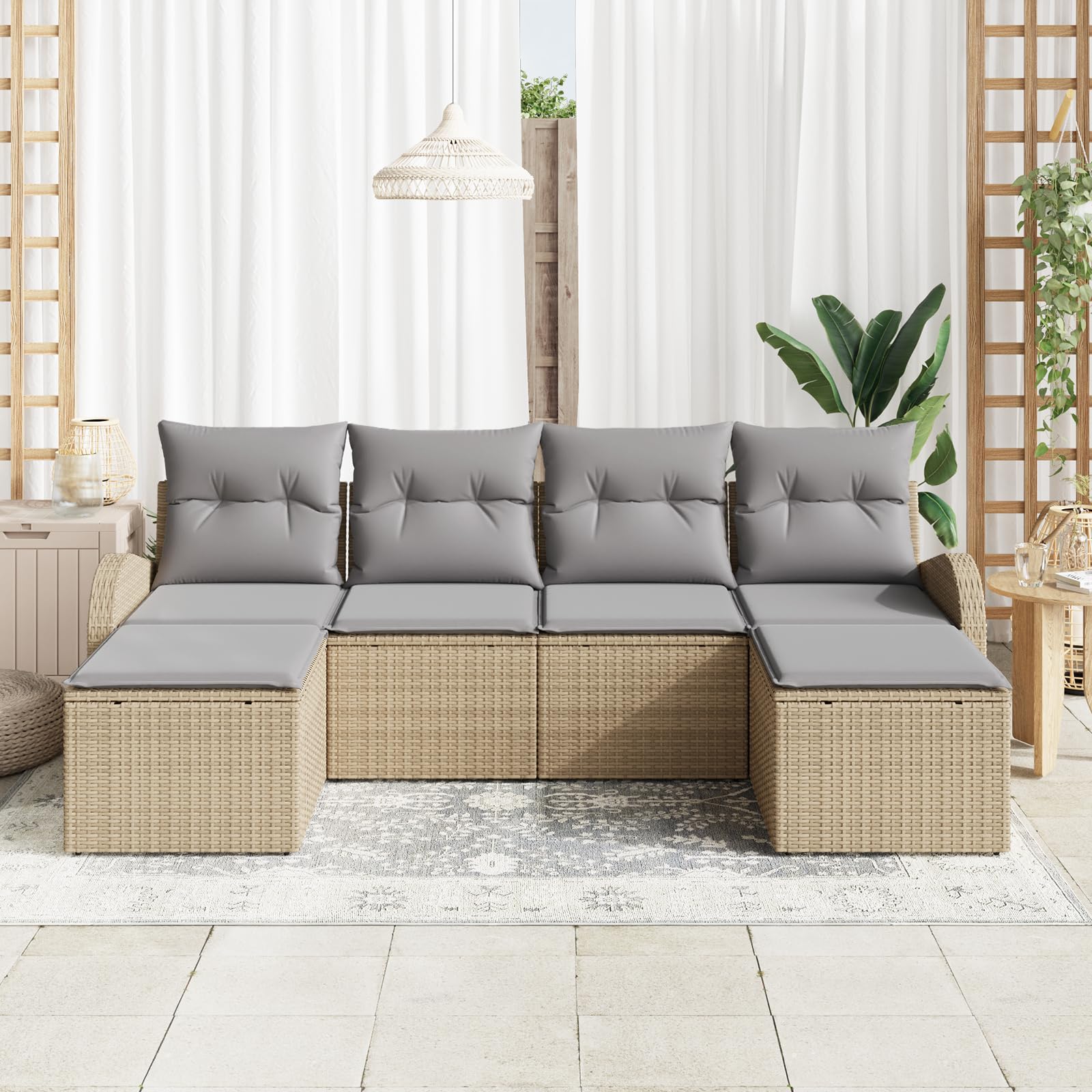 Juego de 6 sofás de jardín con cojines beige de polirratán para exteriores, sofá de jardín modular acogedor y acolchado