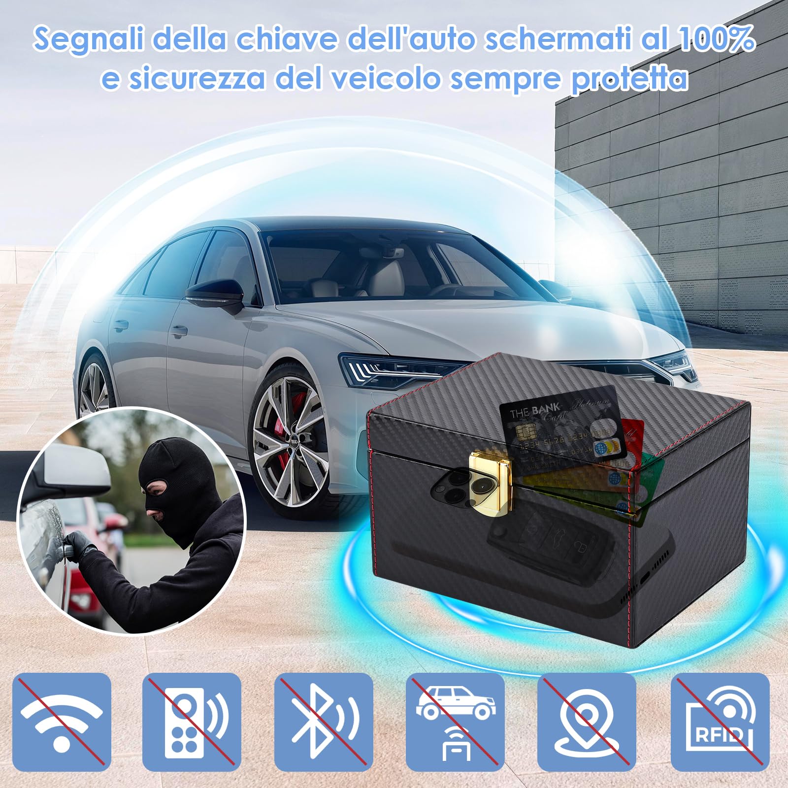 Chiave auto Faraday Box, Keyless Go, scatola per chiavi auto, blocco RFID per protezione sicura, carte di credito e chiavi dell'auto, 16 x 12 x 9,5 cm (grande)