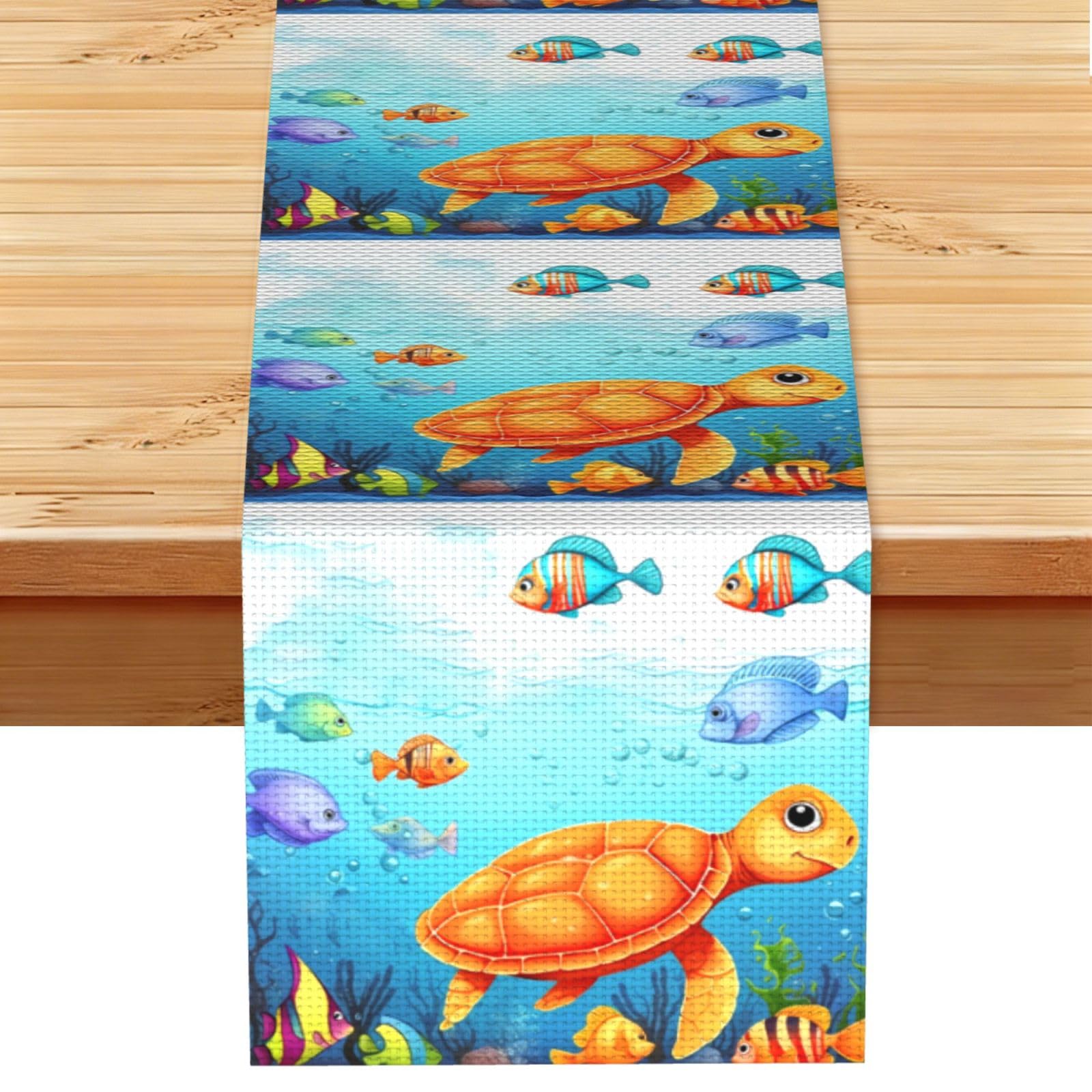 Turtle and Fish Table Runner 13x72 Inch Cotton Linen Table Linen Washable Farmhouse Tablecloth Modern Abstract Art Kitchen Dinning Table Decoration for Home Party Decor