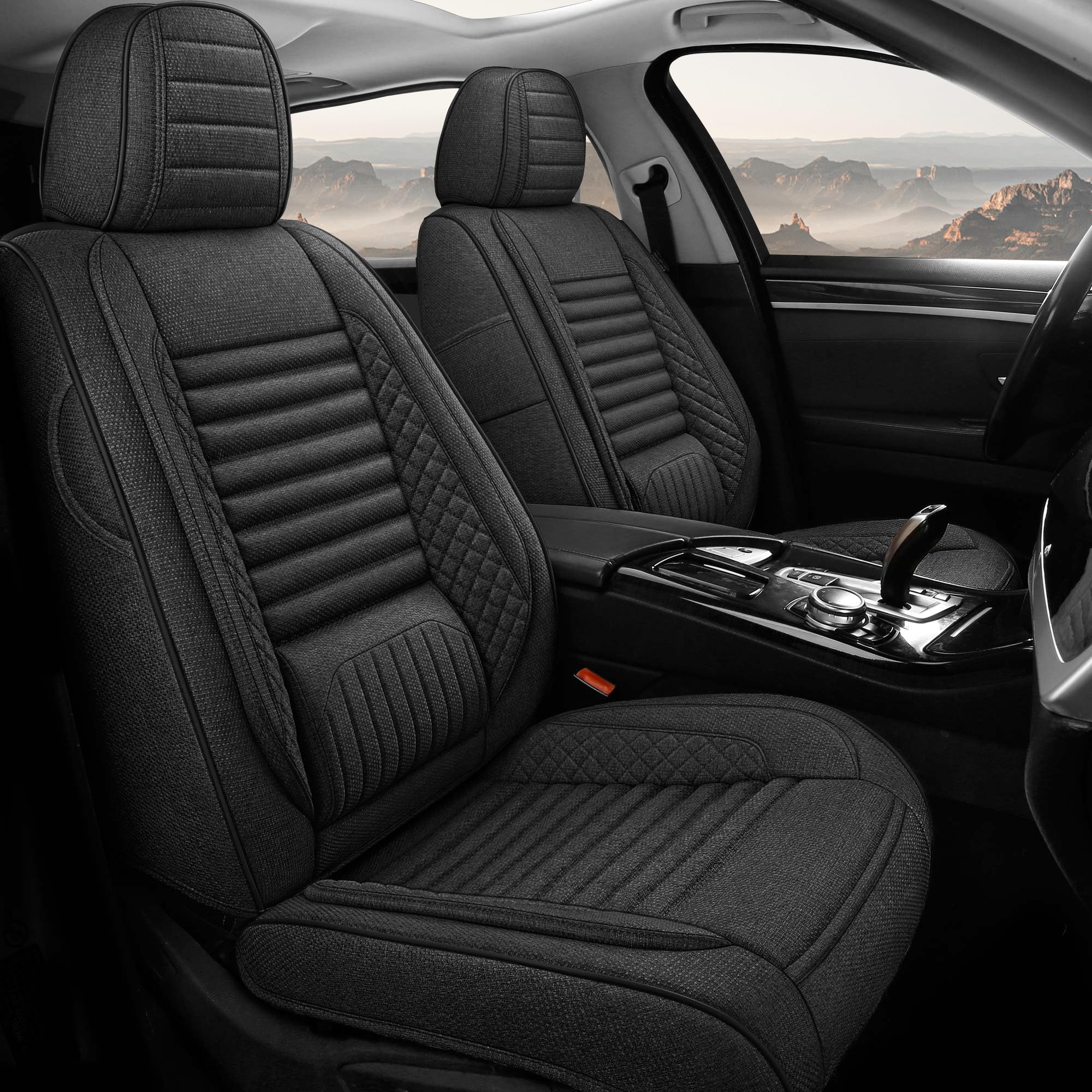 GEEYONTEK Car Seat Covers Full Set, 5 Seats Universal Linen Vehicle Cushion for Automotive Front and Rear, Seat Protectors Fit for Most SUV Truck Sedans Pick-up Jeep, Airbag Compatible (Black)
