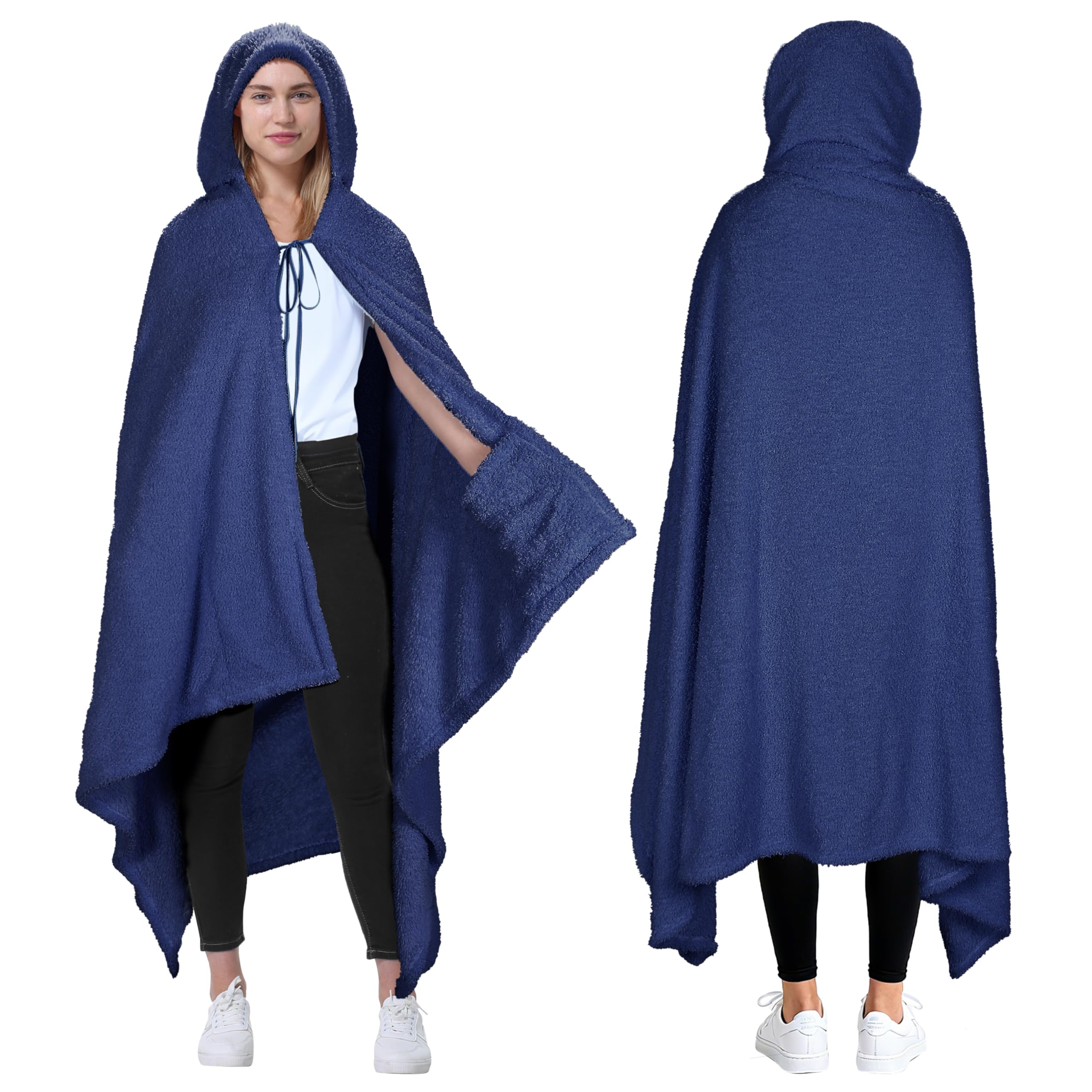 Catalonia Classy Women's Navy Hooded Blanket Poncho, Wearable Blanket Wrap With Hand Pockets, Comfy Sherpa Fleece Throw Cape For Adults Gift, 120X190cm,