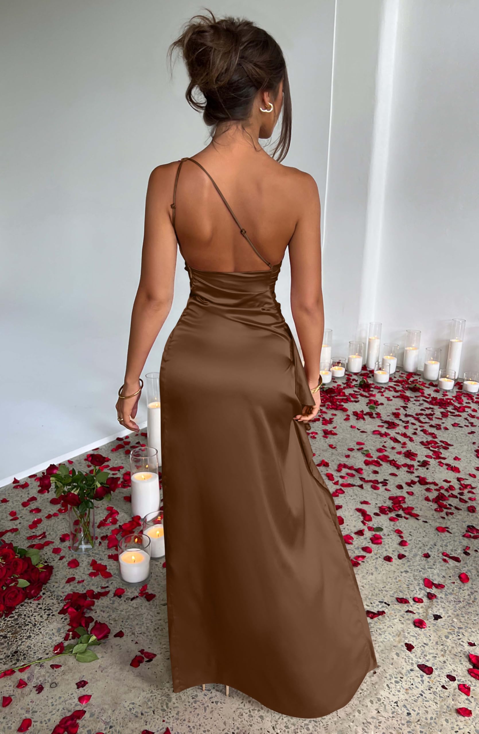 OQQ Damen Maxi Kleid One-Shoulder Abendkleid mit hohem Schlitz und Taillenfalten Elegante Abschlusskleid