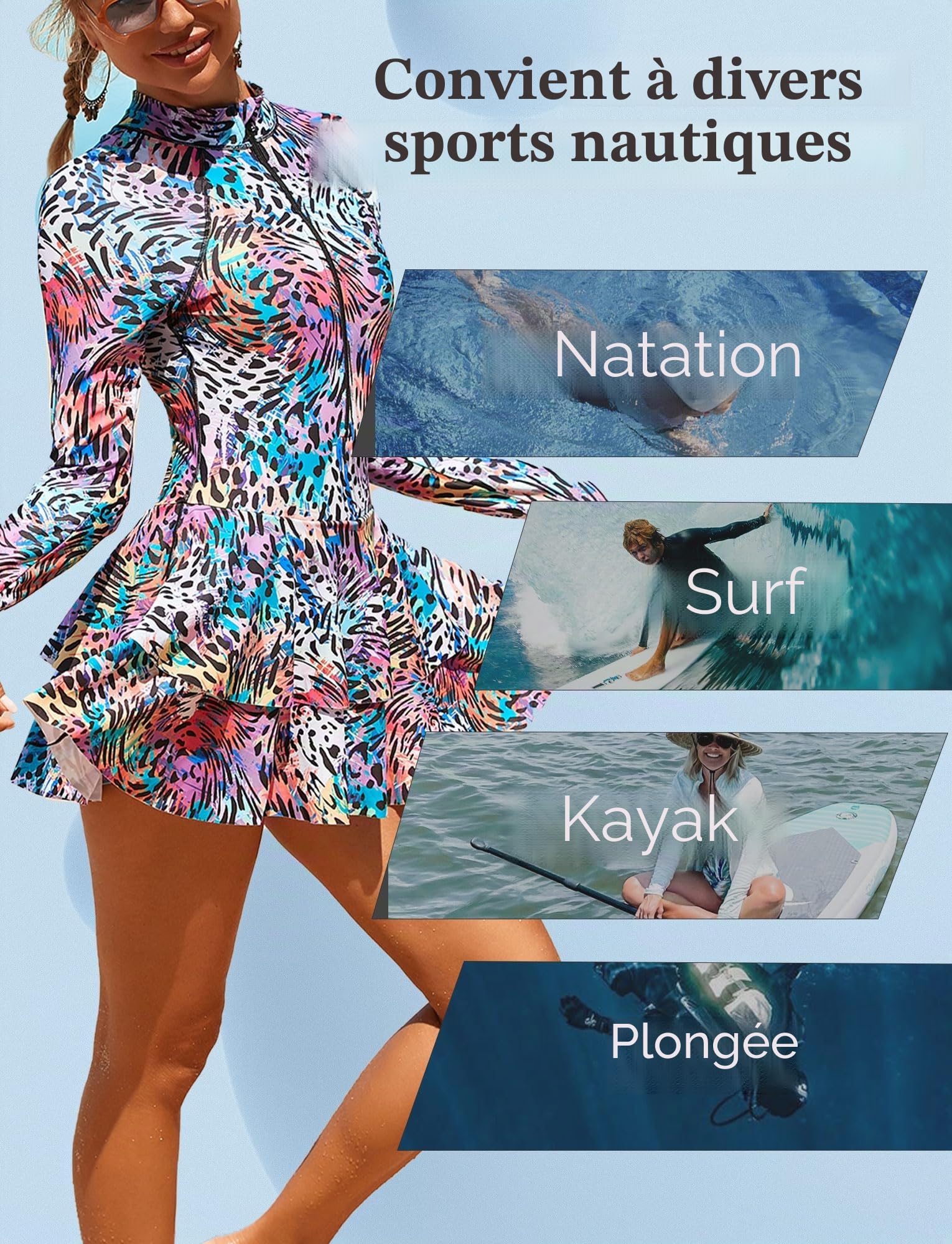 Femme Maillot de Surf à Manches Longues Rashguard 1 Pièce Maillot de Bain Protection Solaire Plage S-XL