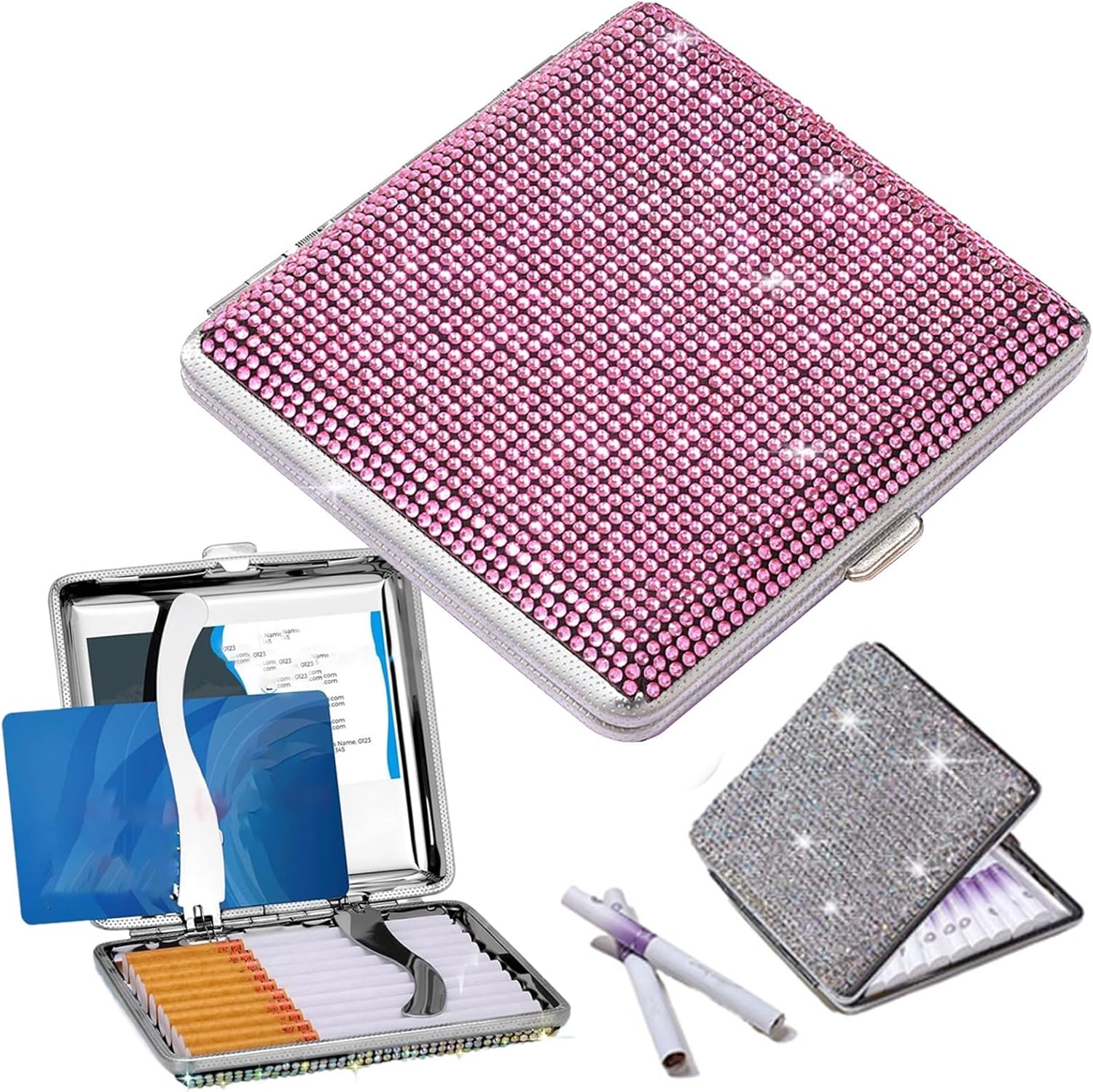 Cigarette Case，Bling Cigarette Box Holder，Portable Metal Boxes Bling Artificial Crystal Double Sided Cigarette Storage Case for Women(Pink)