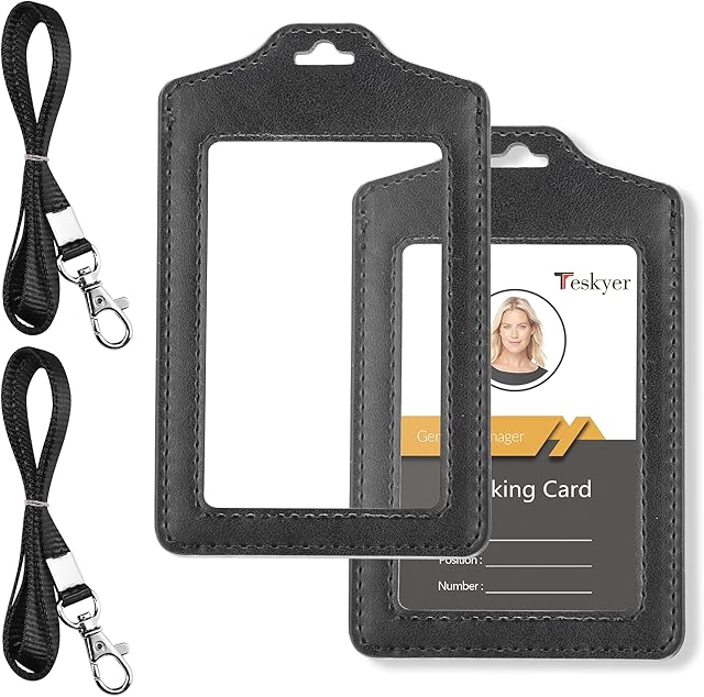 Teskyer 2 Pack of Double Sided Clear Badge Holder with Lanyard, PU Leather ID Badge Name Card Holder with Stainless Steel J-Hook Nylon Lanyard for Work ID, School ID, Metro Card, Access Card, Black