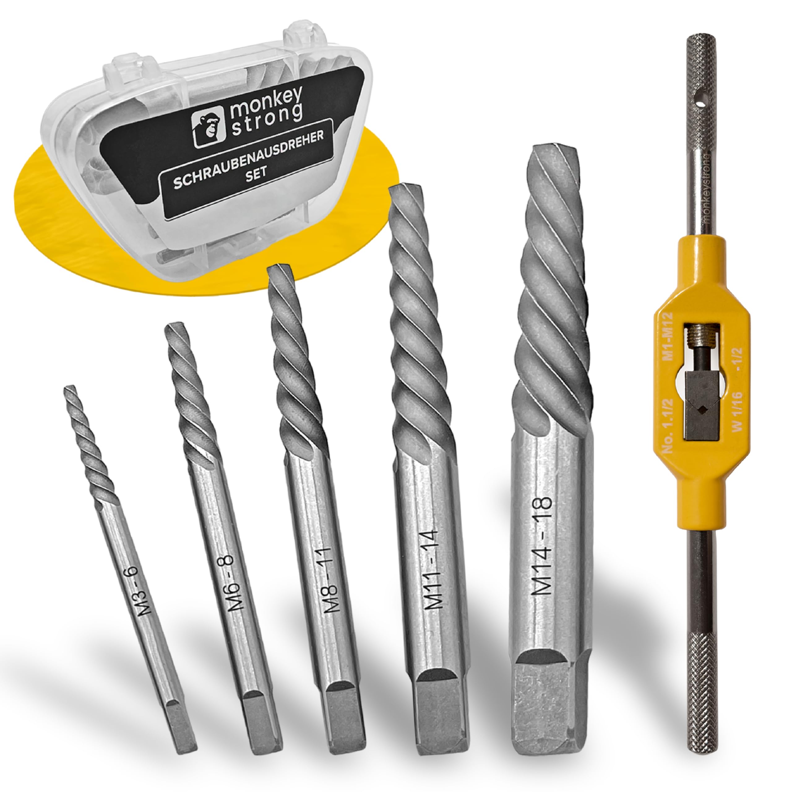Schraubenausdreher Set [inkl. Windeisen | extra griffig] - 5 tlg. Linksausdreher Set | Ausdreher Set für gängigsten Schraubengrößen M3 - M18 | Schraubenlöser - von monkeystrong