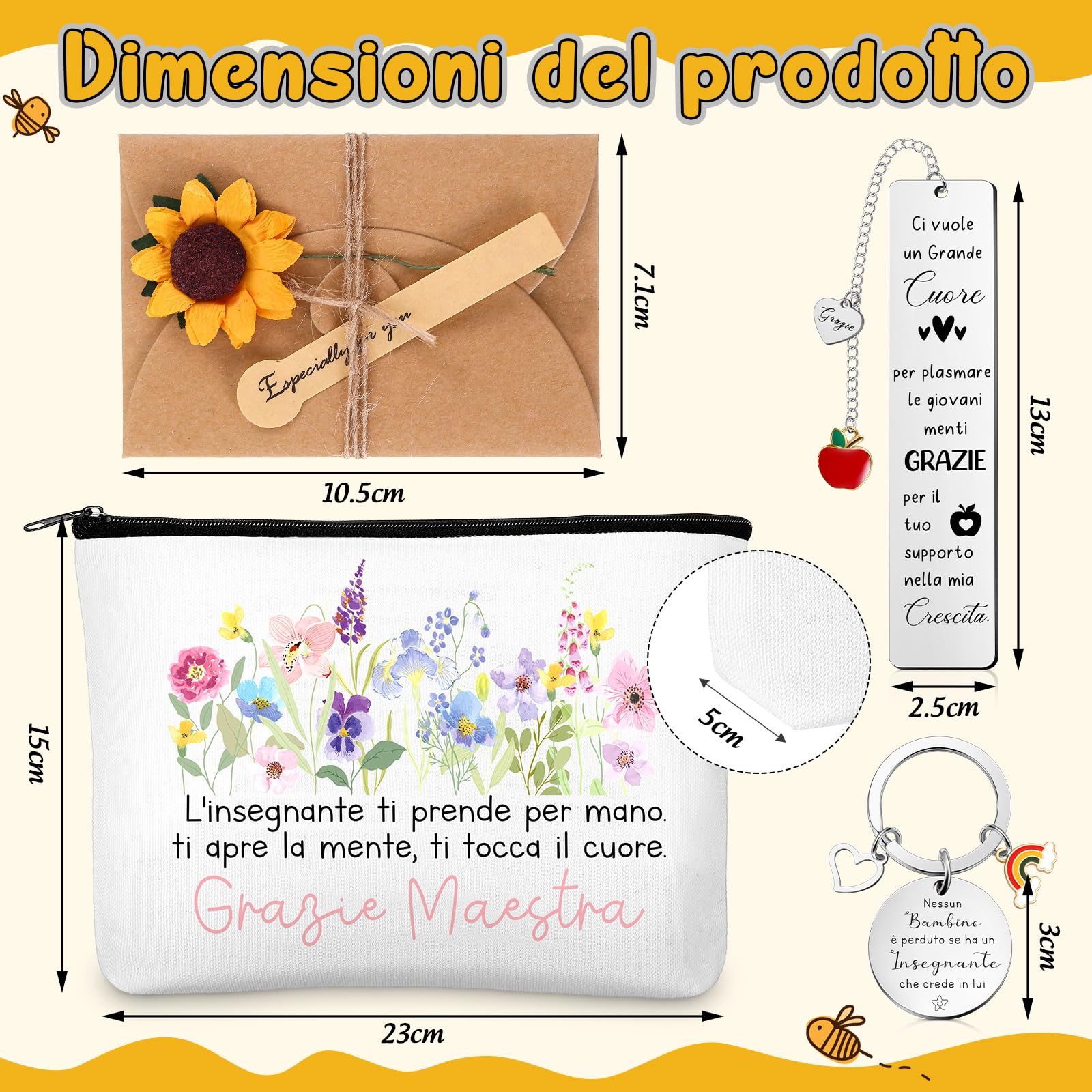Hestya 6 Set Regali di Ringraziamento per Insegnanti Maestra 6 Borsa per Cosmetici Pochette per Trucco 6 Segnalibri 6 Portachiavi con 6 Biglietti di Auguri per Asilo Professoressa Compleanno Laurea