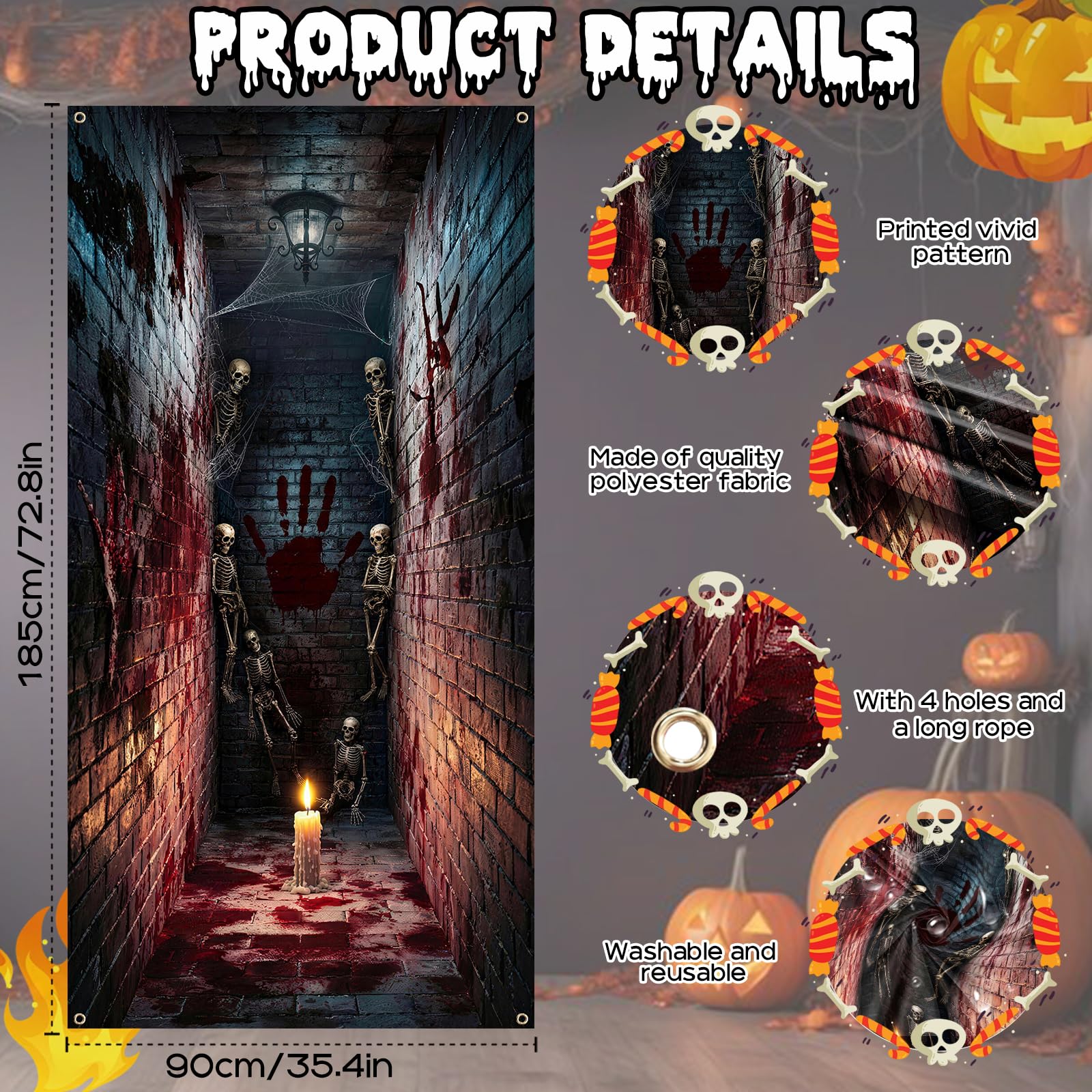 Dekoracje na drzwi Halloween, baner, cukierek albo psikus, Halloween, osłona drzwi, tkanina, horror, szkielet, korytarz, wiszące drzwi, Halloween, baner, dekoracja na drzwi wejściowe, werandę, na