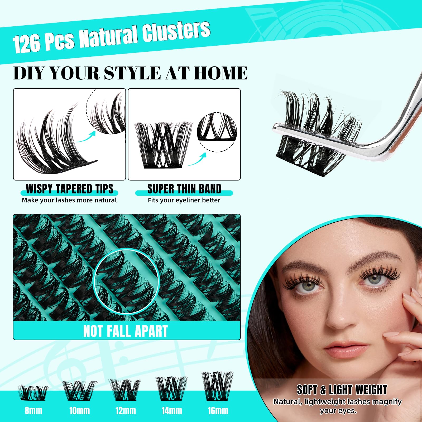 Lash Extension Kit Lash Clusters kit Lash Bond and Seal Eyelash Remover and Lash Applicator for Diy Lash Extension Kit at Home by AMZGlRL(144PcsBlues-Mix8-16mm kit) - Image 2