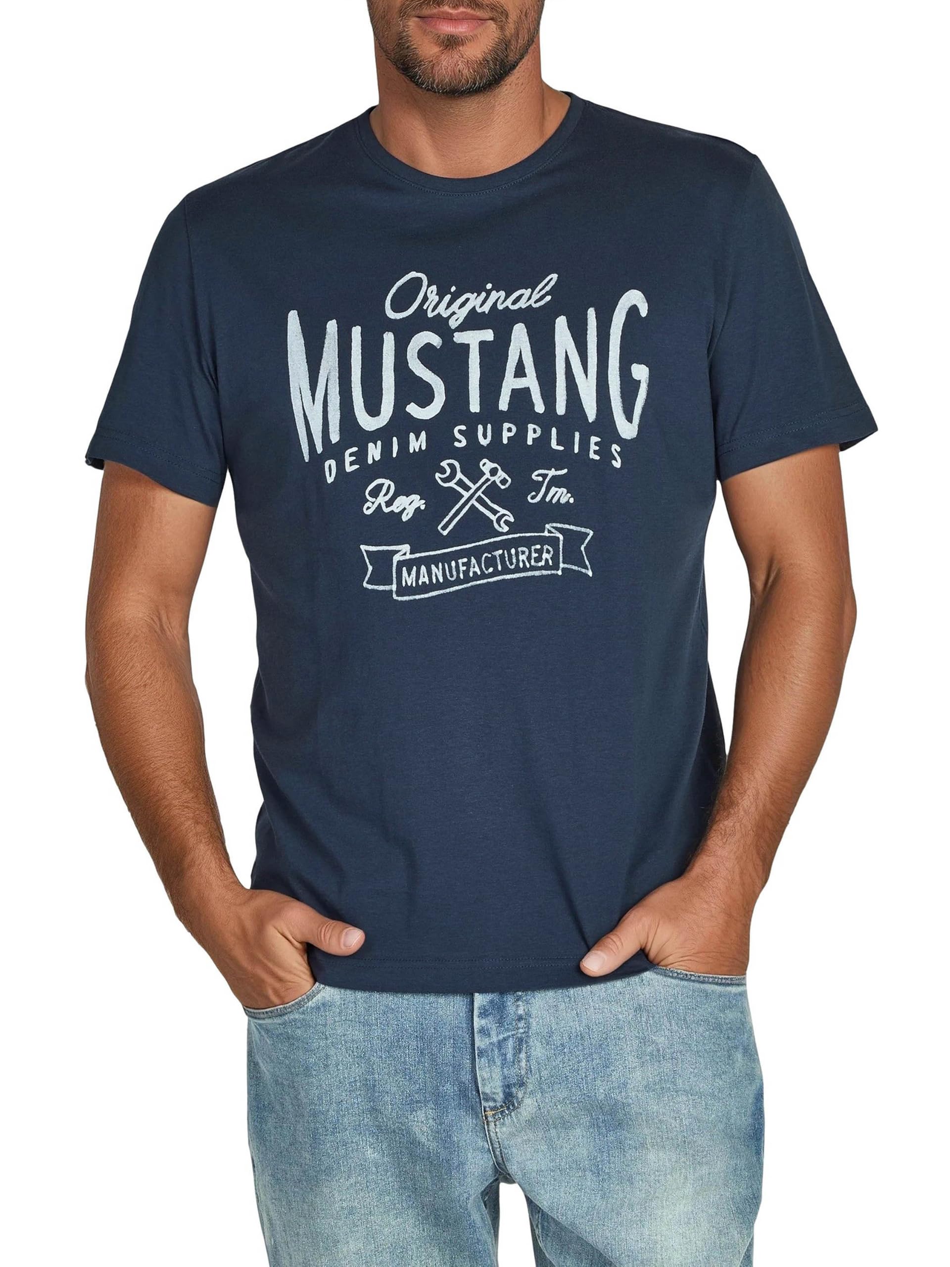 Mustang - Juego de 4 camisetas para hombre con estampado frontal y cuello redondo, mezcla de colores azul y negro Mezcla de colores (P16).