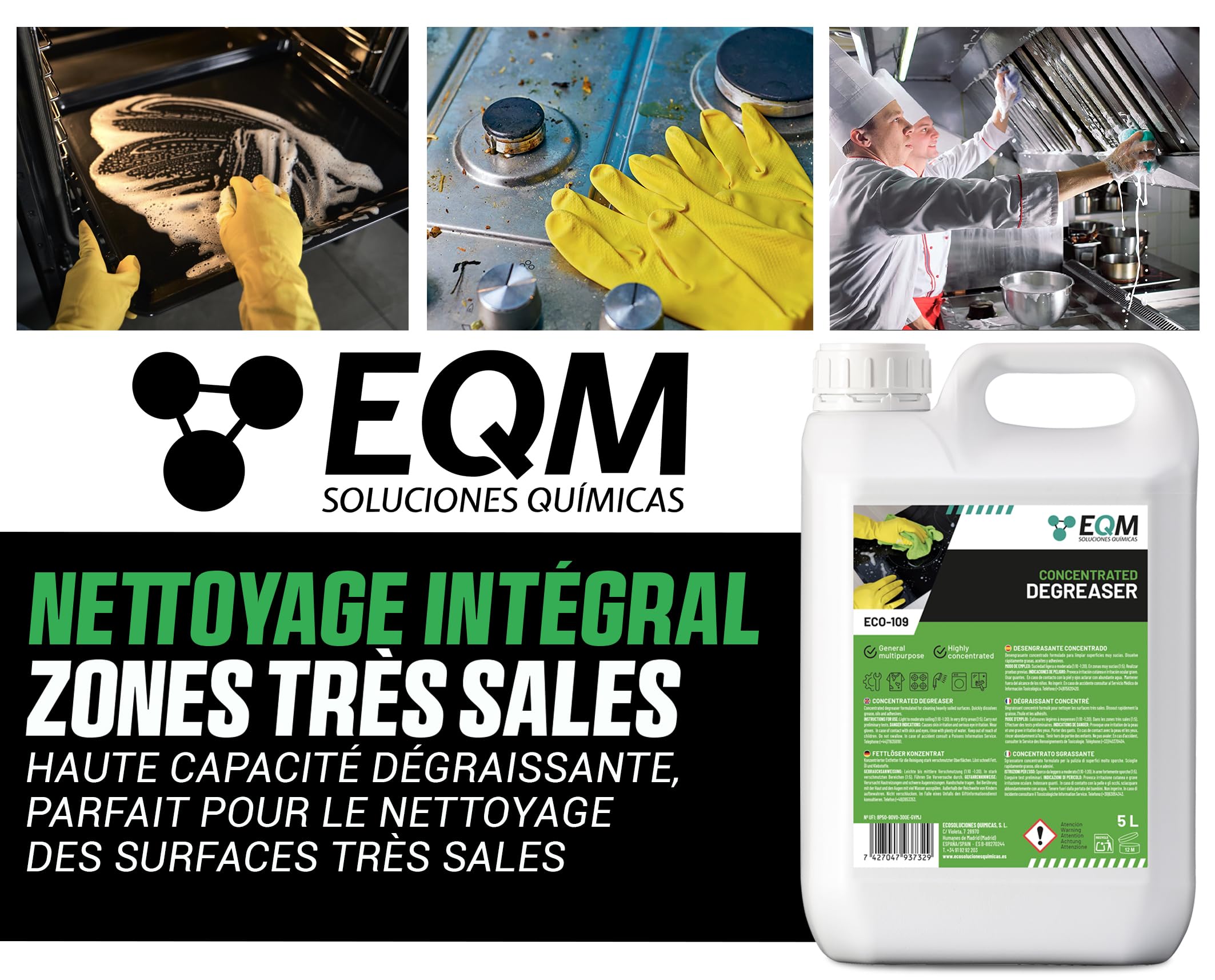 EQM - ECO-109 - Dégraissant Concentré Multisurfaces - 5L - Cuisines, moteurs, machines, sols industriels, garages, etc. - Dégraissant haute efficacité