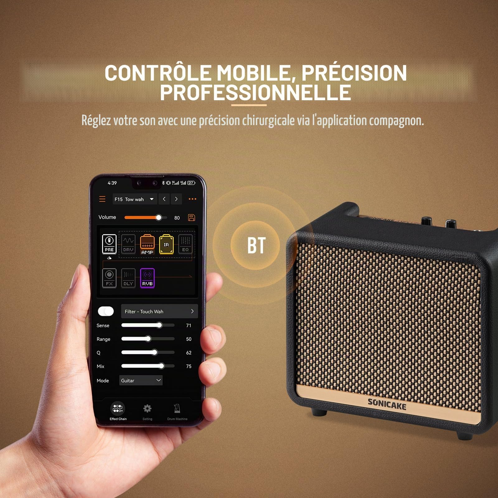 SONICAKE Amplificateur de guitare multi-effets numérique à double mode amplificateur d'entraînement 10W BT avec 100 presets 99 rythmes de batterie APP OTG AMPCUBE QAM-20