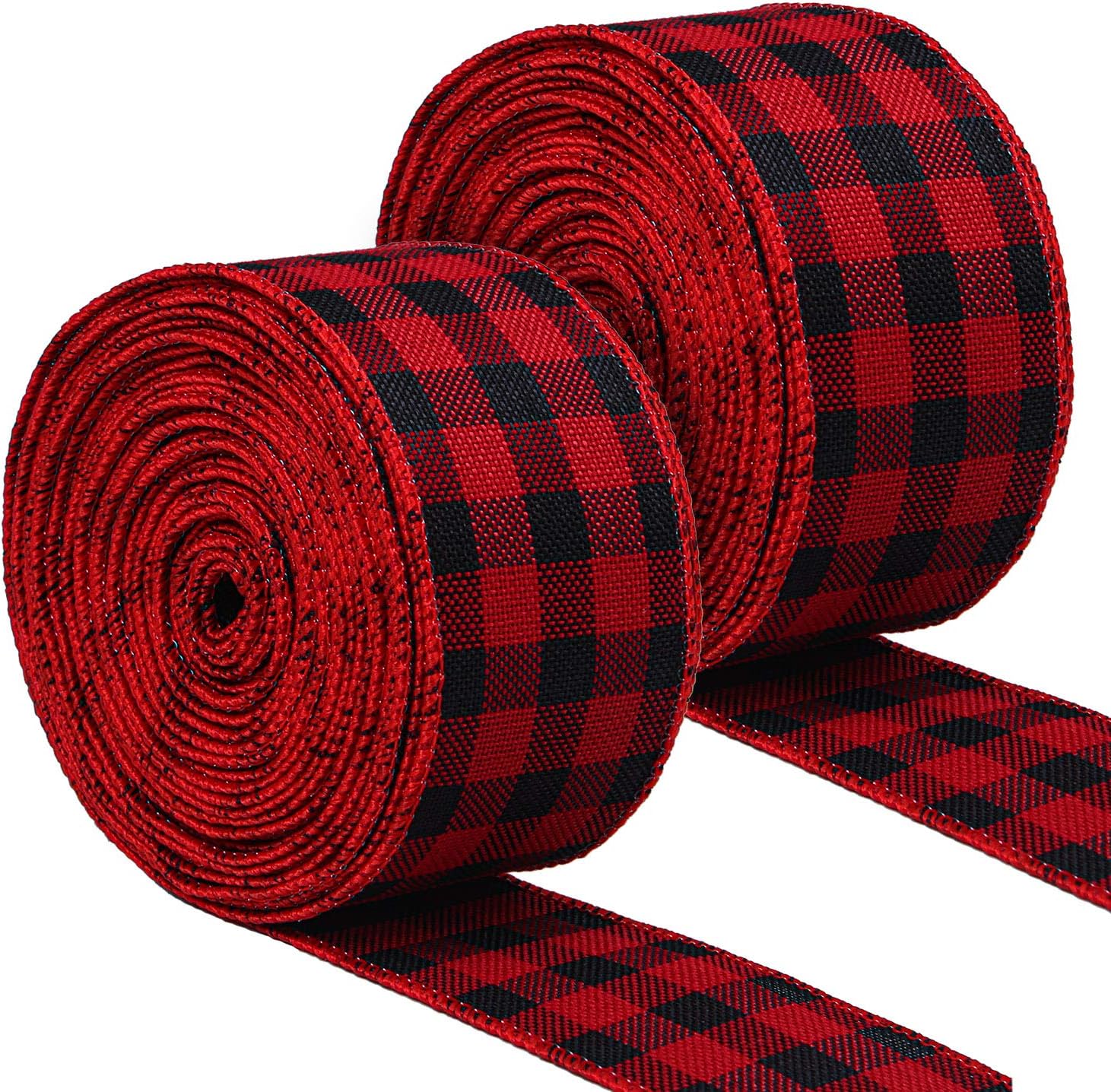 URATOT 2 Rolls Red and Black Plaid Burlap Ribbon Wired Ribbon Christmas Wrapping Ribbon for Christmas Crafts Decoration, Floral Bows Craft, 472 by 1.9 Inches