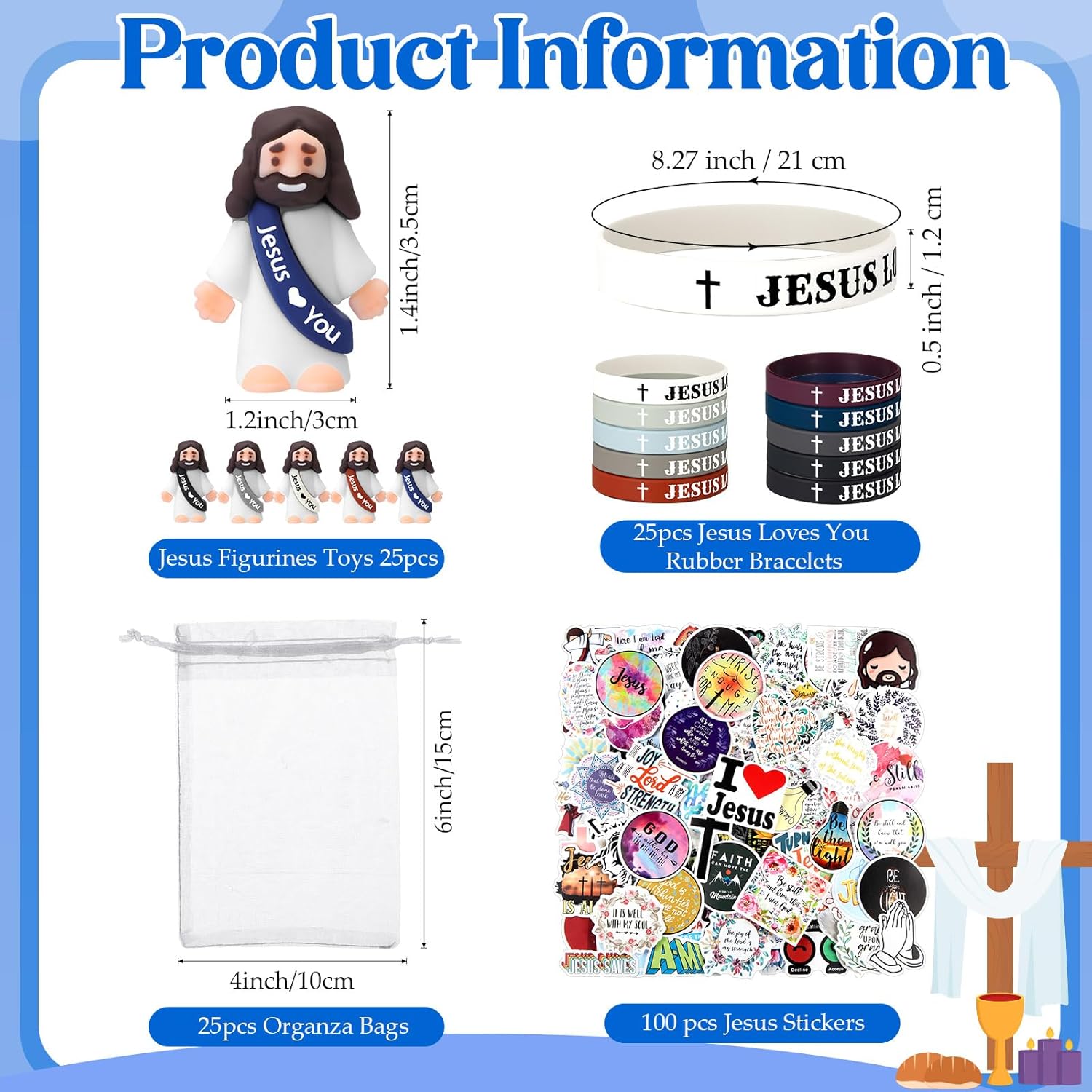 Bememo Retro Color 25 Sets Christian Religious Gifts Sets Little Jesus Figure Silicone Jesus Loves You Bracelets Inspiring Stickers for Easter Church Party Baptism Gifts (Cute)