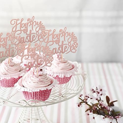 Miniatura 7 de Rsstarxi Paquete de 24 adornos para cupcakes Happy Easte con purpurina con orejas de conejo, decoración de huevos, palillos de comida para temática