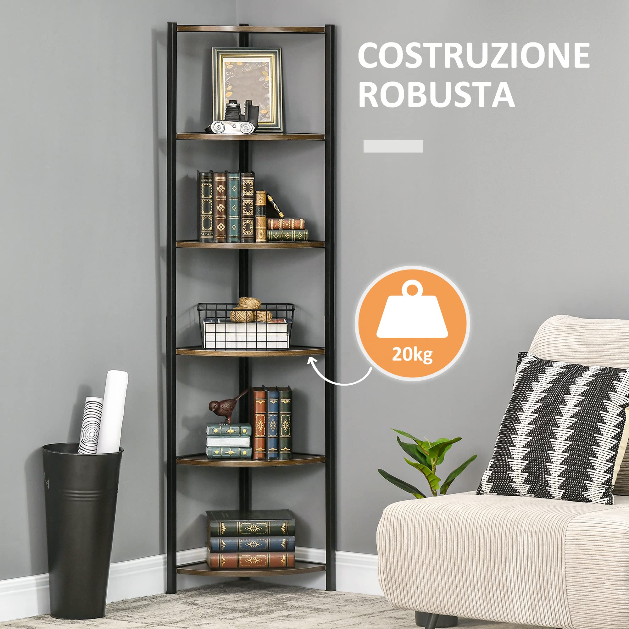 HOMCOM Libreria Moderna Angolare 6 Ripiani in Metallo e MDF 34x34x166cm | Mobile Libreria a Parete, per Salotto e Studio