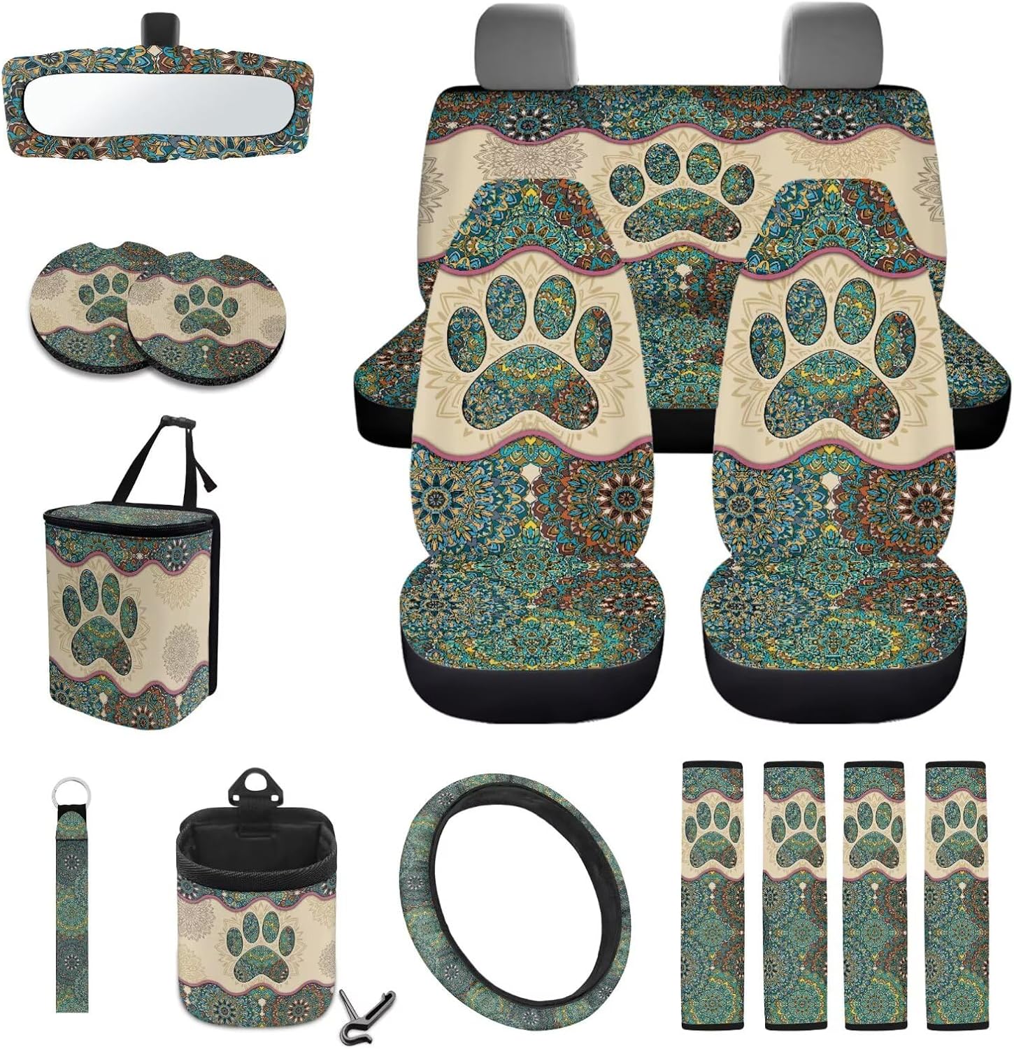 Mandala Paw Printed 15 Pack Car Seat Cover Set with Steering Wheel Cover Seat Belt Cover Garbage Cans Air Vent Pouch Rearview Mirror Cover Coasters Keychain Fit SUV