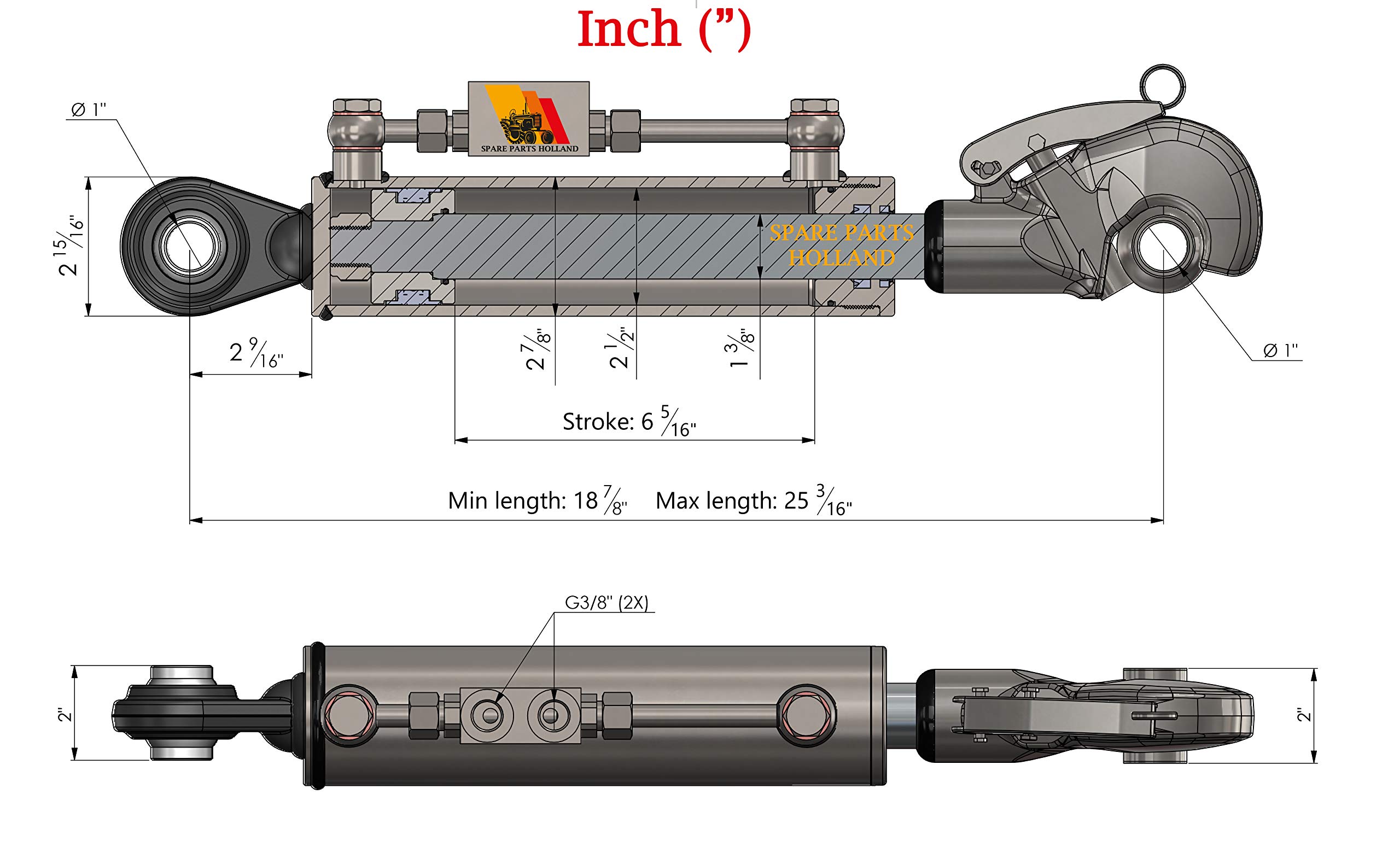 Hydraulischer Oberlenker Kat. 2 (480-640 mm) mit Fanghaken, Sperrblock und 2 Schläuchen