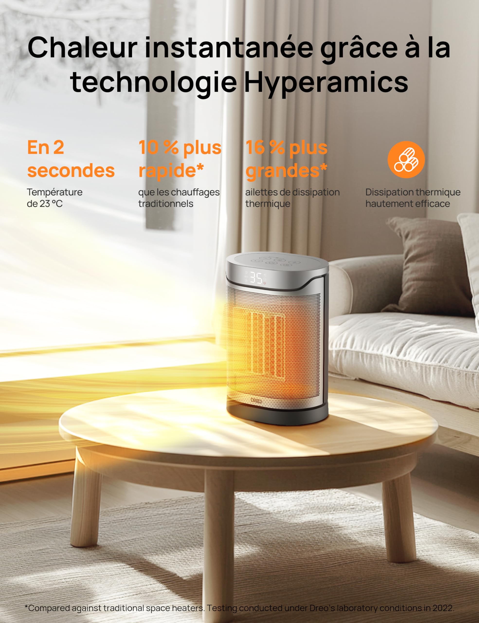 DREO Radiateur céramique 318, 1500 W, chauffage électrique pour chambre, protection contre la surchauffe et le basculement, thermostat réglable, verrouillage enfant, économie d’énergie jusqu’à 40%