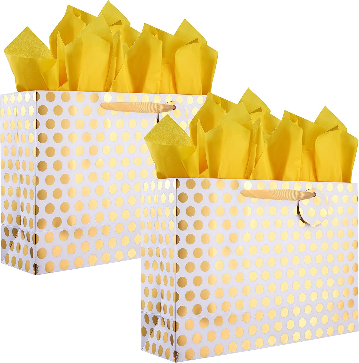 Bobobag 2 Pack 16.5" Extra Large Gift Bags with Tissue Paper for Mother's Day, Birthday Presents (Gold Polka dot)