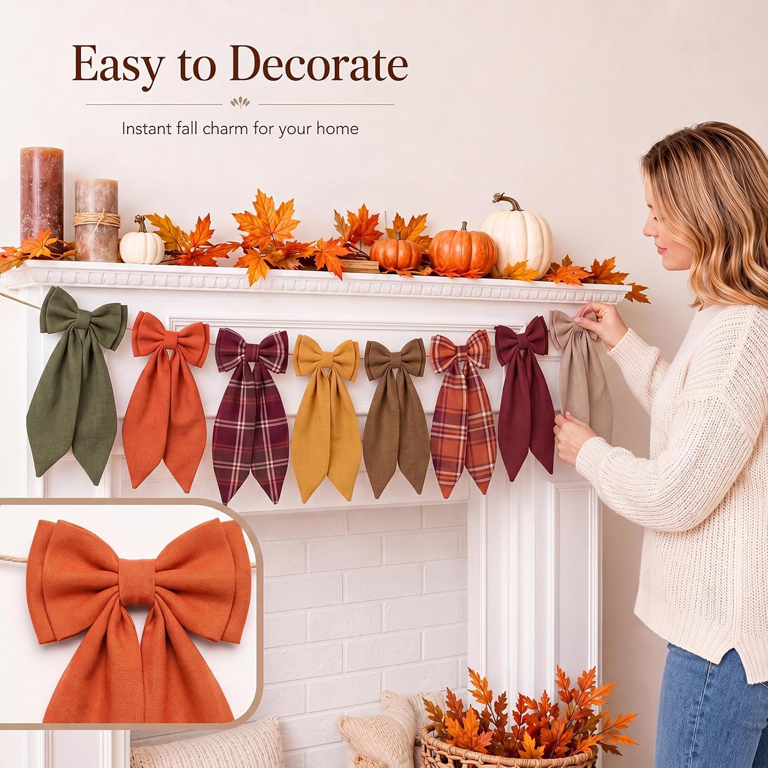 Fanfanwin Fall Bow Garland 6.56 ft Mantel Bow Banner Fall Decorations | Autumn Hanging Buffalo Plaid Garlands, Home Office Fireplace Mantle Table Wall Decor, Thanksgiving Farmhouse Decor