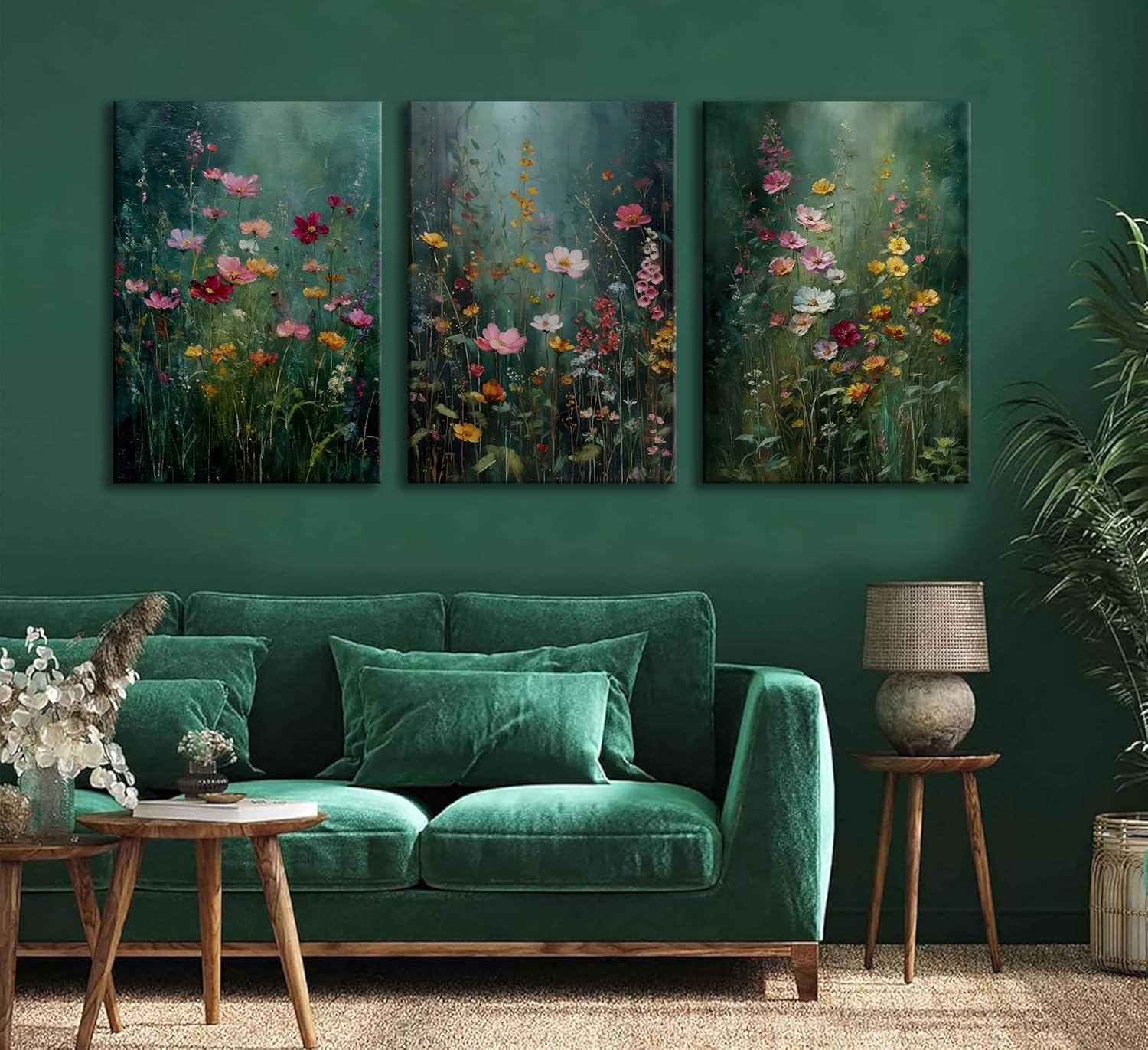 3Pcs Dark Green Floral Canvas Wall Art Moody Wildflowers Poster Prints Vintage Nature Rustic Botanical Flowers Pictures for Bedroom Living Room Office Bathroom Wall Decor 16x24in Framed