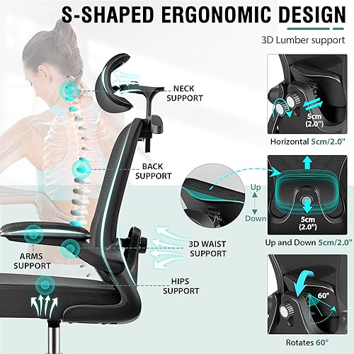 Miniatura 5 de Silla de dibujo, silla de oficina alta con soporte lumbar y cabeza 3D, silla de escritorio ergonómica de malla con reposapiés, cómoda silla de