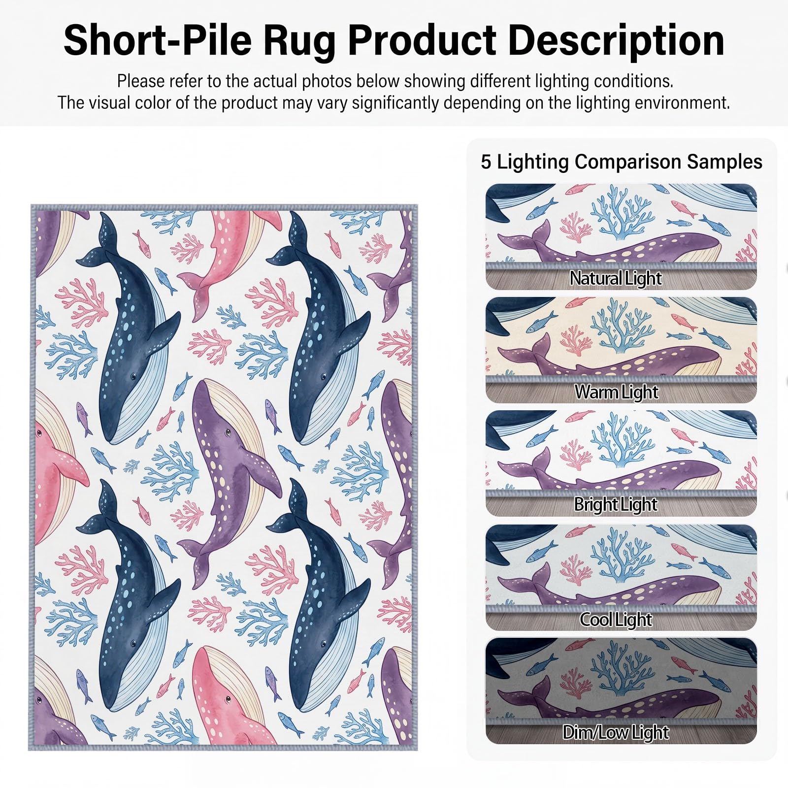 Générique Lavable en Machine Tapis Salon 80x156 cm, Baleine Corail Antidérapant à Poil Ras Tapis, Ludique Dessin Animé Écologique pour Salle à Manger Couloir Chambre Bureau