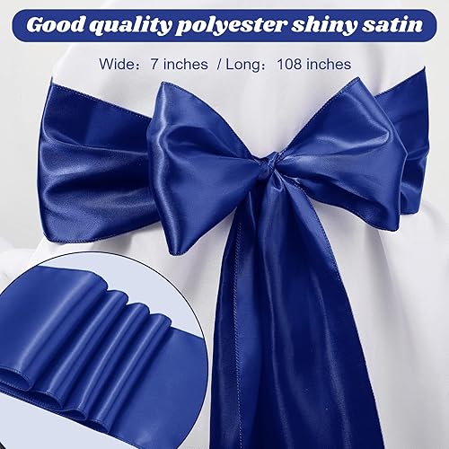 Vista 2 de XunYee Paquete de 80 bandas de satén para sillas de boda, decoración de silla, fundas de lazo, bandas para compromisos, graduaciones, eventos, Azul