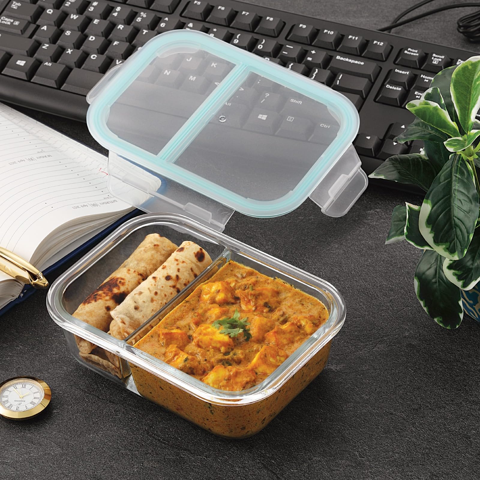 Attro Glassox - Lonchera con dos compartimentos y tapa de bloqueo, recipiente de vidrio de borosilicato, apto para microondas y congelador, hermética, a prueba de fugas, 580 ml
