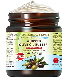 Botanical Beauty Whipped OLIVE OIL BUTTER 100% Natural Pure Organic Cocoa Butter, Shea Nut Butter, Organic Olive Oil Virgin Unrefined for FACE, SKIN, BODY, HAIR, NAILS. (4 Fl Oz)