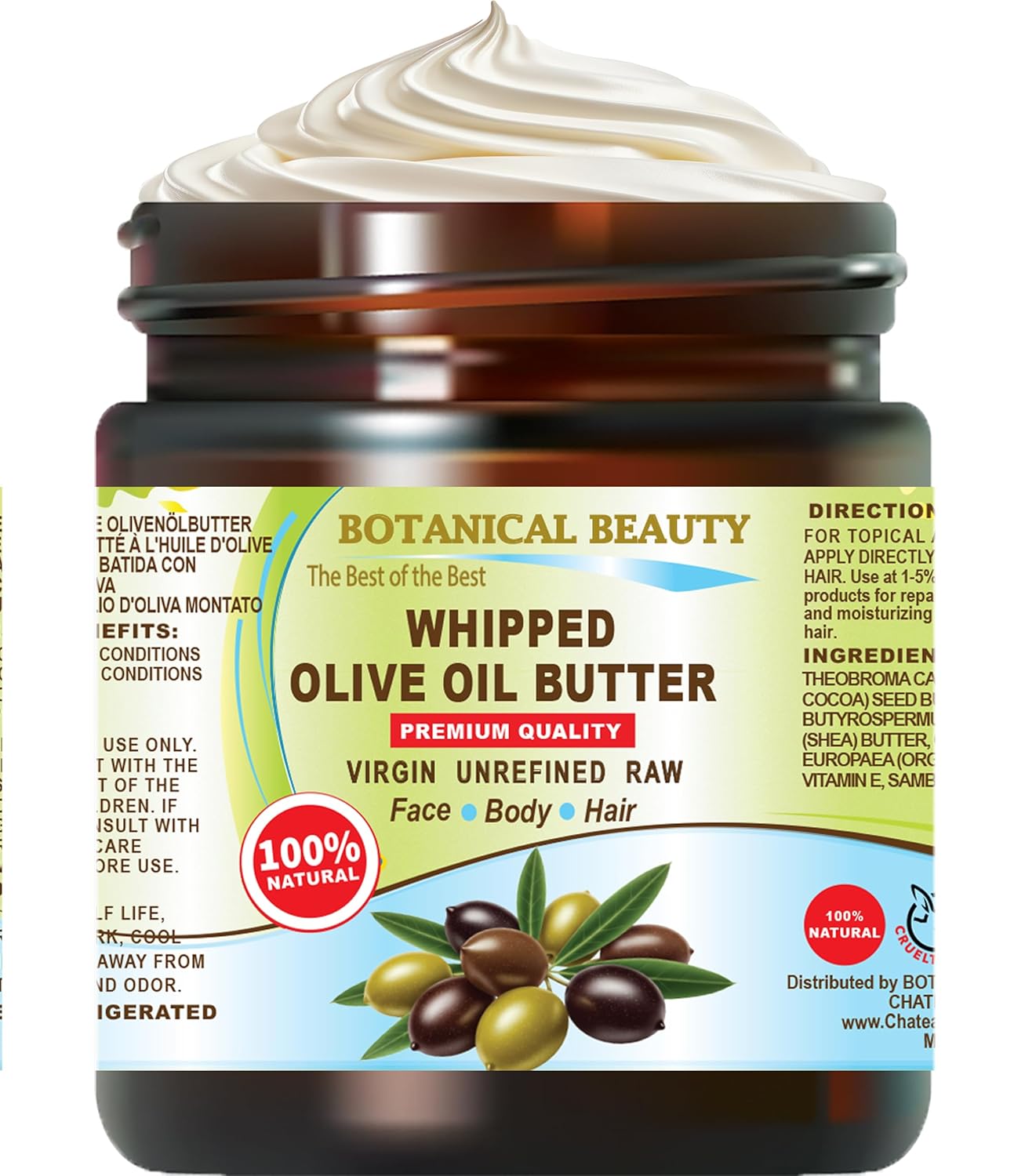 Botanical Beauty Whipped OLIVE OIL BUTTER 100% Natural Pure Organic Cocoa Butter, Shea Nut Butter, Organic Olive Oil Virgin Unrefined for FACE, SKIN, BODY, HAIR, NAILS. (8 Fl Oz)
