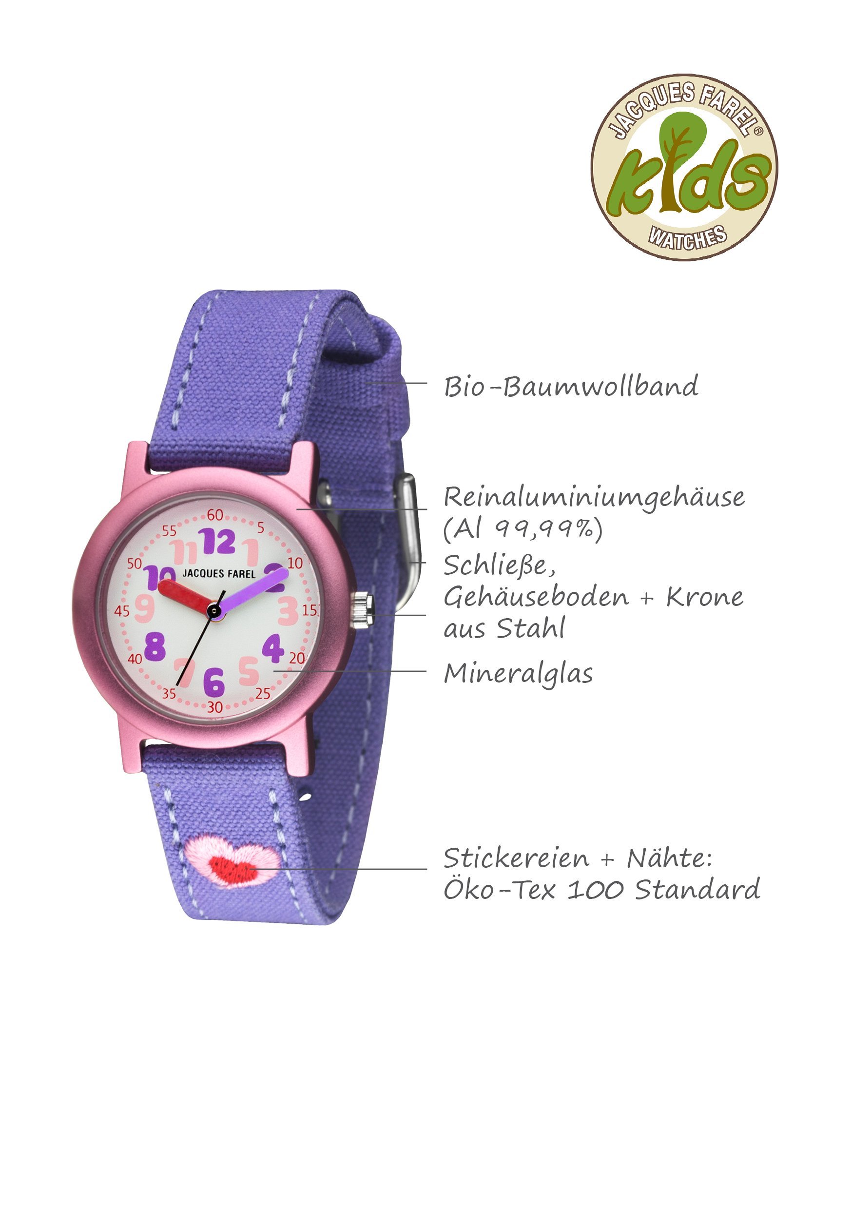 Jacques FAREL Öko Kinder-Armbanduhr Mädchen Stoffband Bio-Baumwolle Herz Analog Quarz ORG 9999
