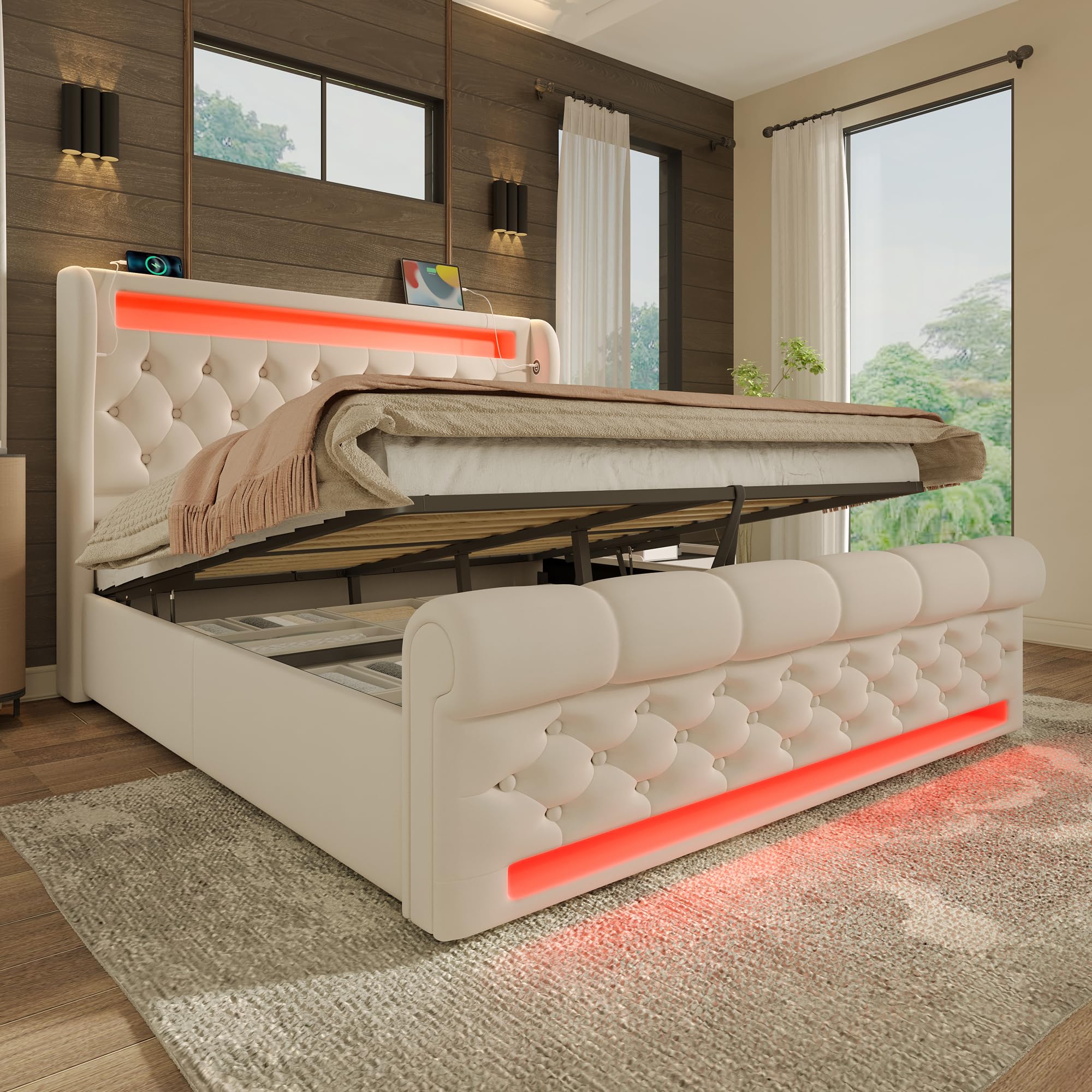 Letto Matrimoniale 160x200 con Sommier a doghe stabili e Struttura Letto divano trapuntato schienale sagomato contenitore a pistoni per la stanza della casa beige