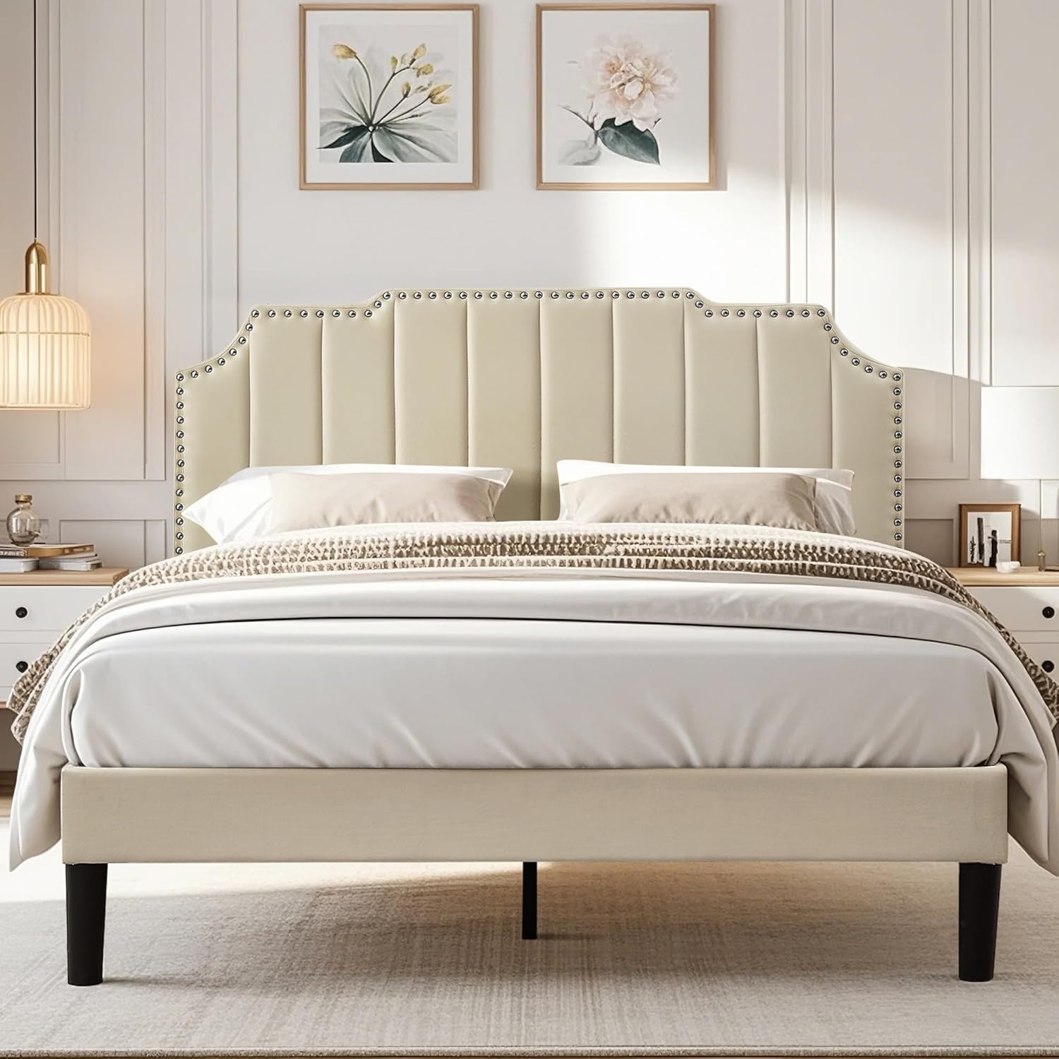 VECELO Full Upholstered Platform Bed Frame with Tufted Adjustable Headboard/Mattress Foundation/Wood Slat Support,Easy Assembly,Beige