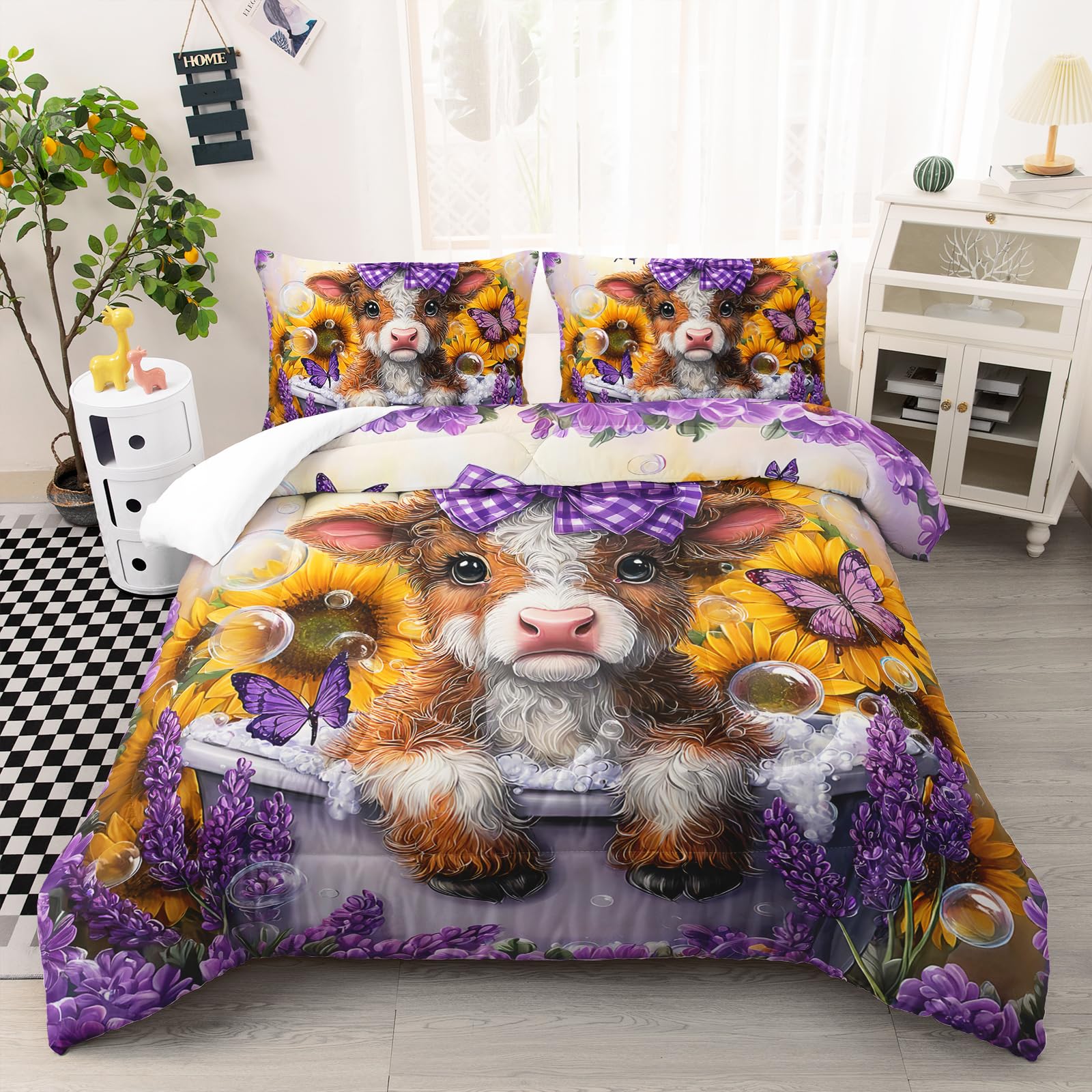 AILONEN Kids Kawaii Cow Comforter Set Queen Size,Purple Butterfly Lavender Cattle Bedding Set 3Pcs,Cartoon Highland Cow Western Animal Duvet + 2