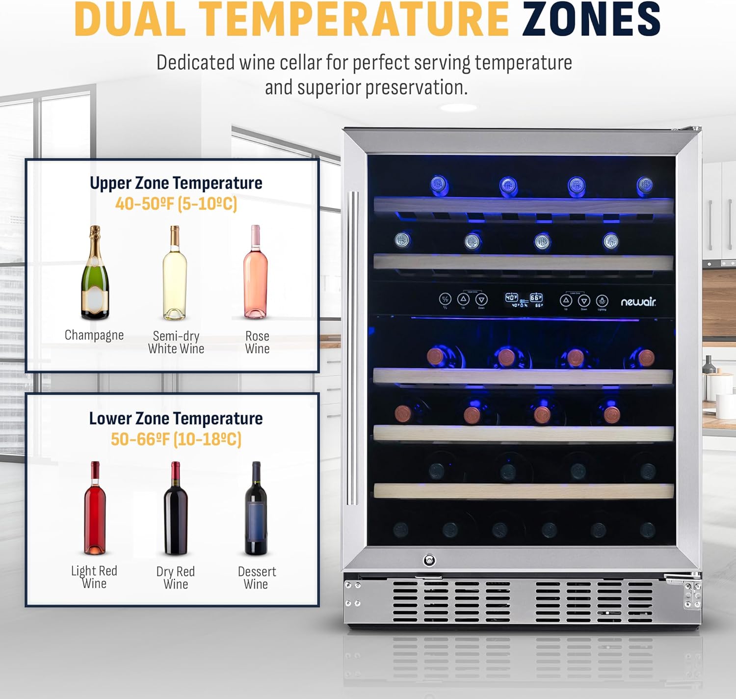 Stainless Steel Dual Zone 46 Bottle Wine Refrigerator with Beechwood Shelves