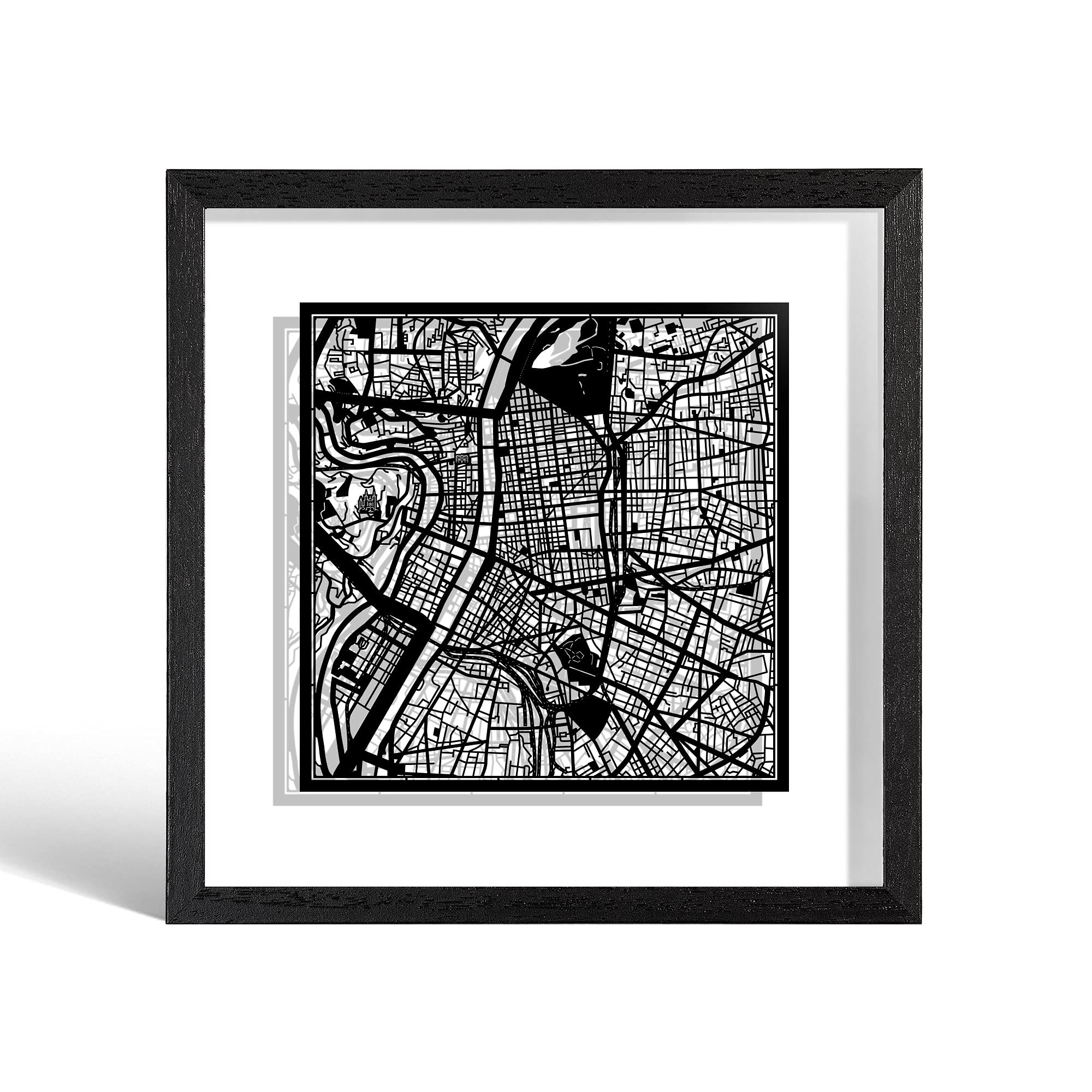 O3 DESIGN STUDIO Lyon Paper Cut Map framed, Black map, Black frame, 23x23 cm, Gift Boxed, 2 background color, self-changing, Paper Art — image 1