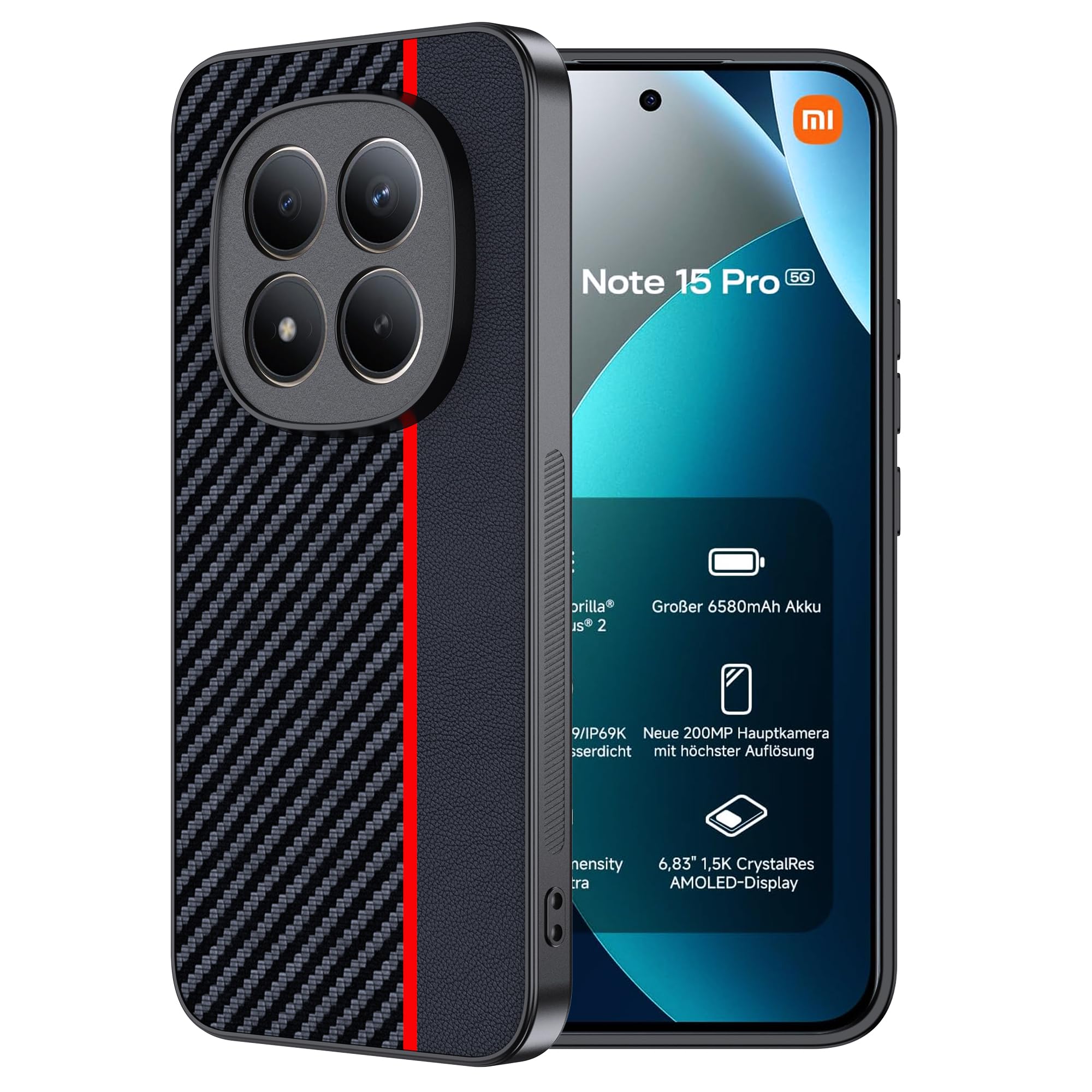 FDHYFGDY Hülle für Xiaomi Redmi Note 15 Pro 5G Schutzhülle – Wasserdicht und Stoßfest – Case aus Carbonfaser Kompatible Redmi Note 15 Pro Handyhülle - Rot und Schwarz