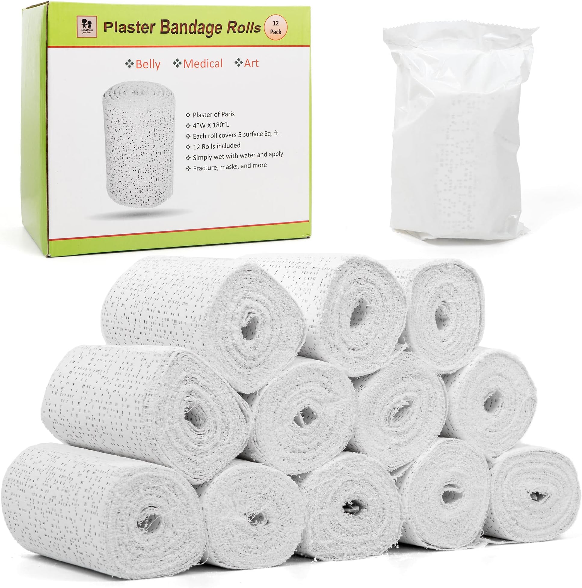 Noe & Malu 12pc Plaster of Paris Rolls - Fast Setting Gauze for Mache, Belly Casting, & Sculptures | Art and Craft Bandages, Wraps, Masks