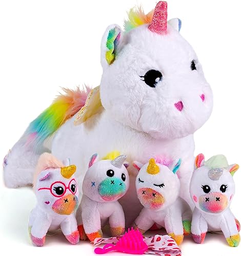 Animales de peluche de unicornio arcoíris para niñas, regalos de unicornio para niñas de 3, 4, 5, 6, 7, 8 años, unicornio de peluche con 4 pequeños