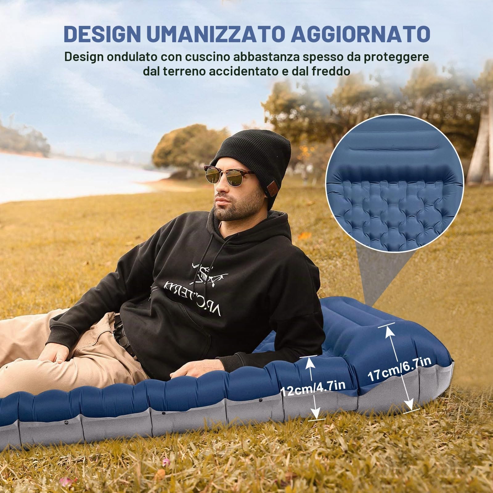 SHANNA Materassino Da Campeggio Autogonfiante: Extra Spesso 12 Cm Ultraleggero Materassino Gonfiabile Impermeabile Autogonfiante Con Pompa A Pedale Integrata Per Viaggi All'aperto (Blu Marino)