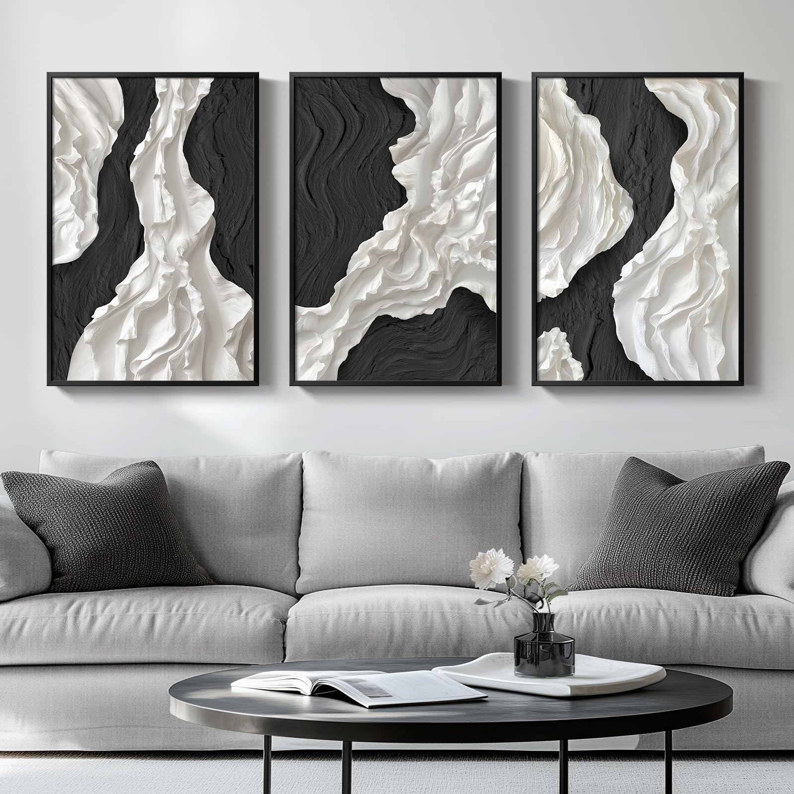 Large Framed Black and White Abstract Wall Art, 3 Piece Modern Canvas Prints Paintings Artwork for Walls, Minimalist Black White Wall Pictures for Living Room, Dining Room, Bedroom, Office Wall Decor