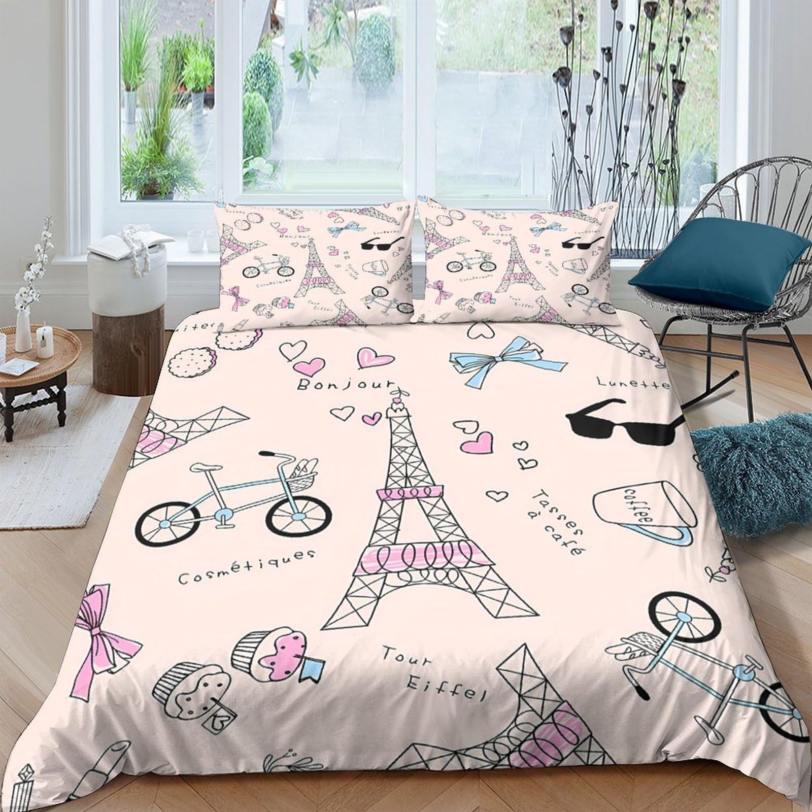 Ctjqhvkz Style-9 3D Printed Paris Eiffel Tower Fitted Sheet Microfiber Pink Bicycle Sunglasses Mattress Cover Bedroom Decor Single（135X200cm）