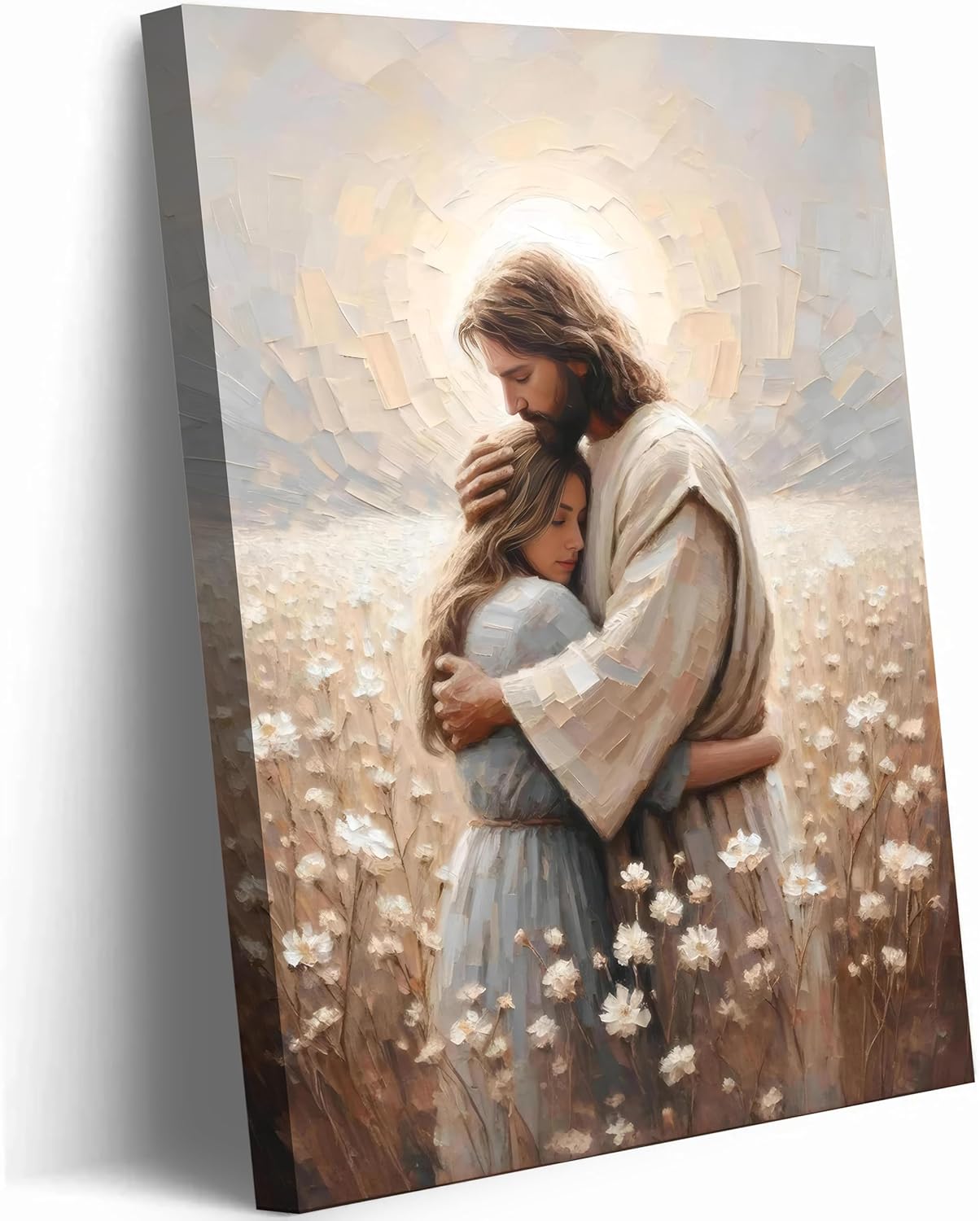 RDXLTOFO Inspirational Jesus Wall Decor：Jesus Embracing Woman Canvas Wall Art, Healing Hug Flower Field Poster Print, Latter-Day Saints Art Bible Scripture Artwork