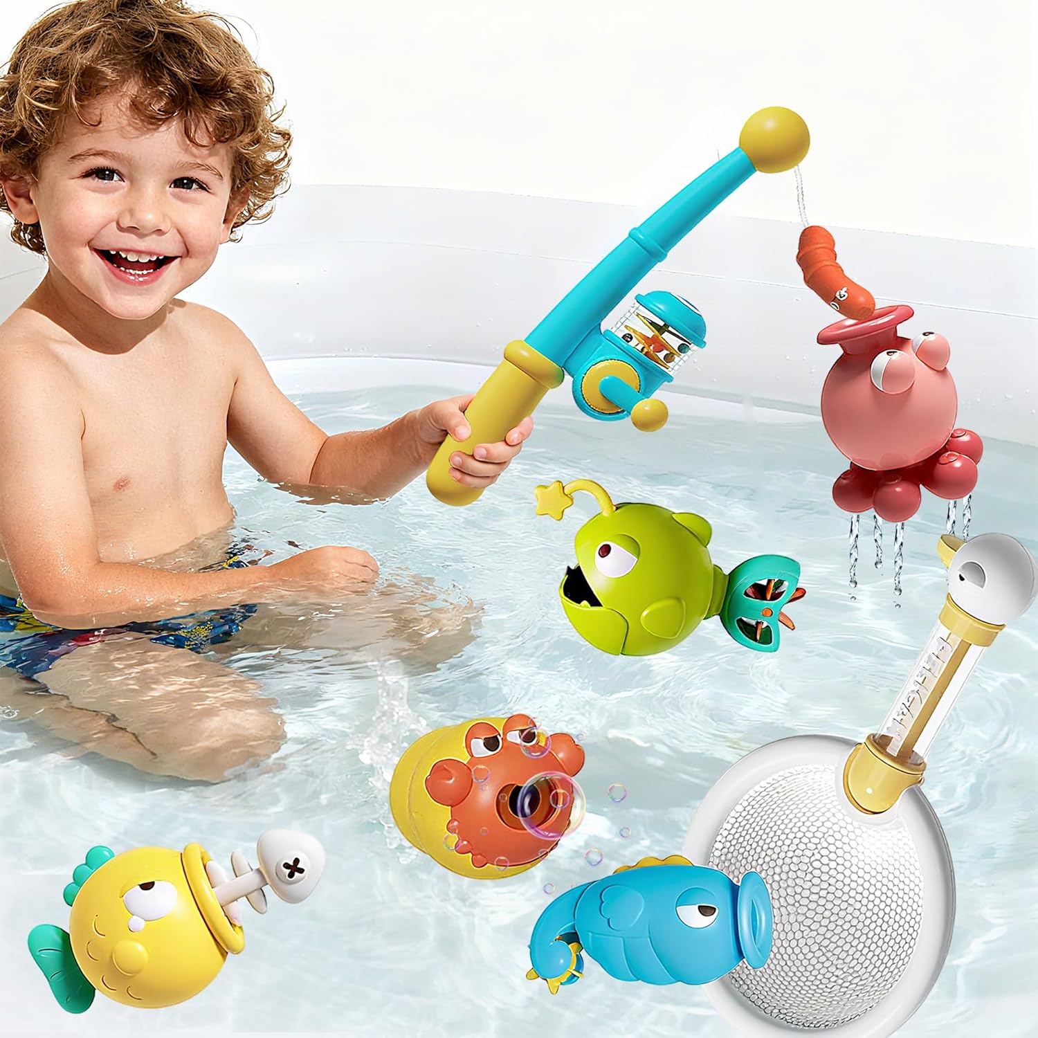 Bath Toys for Kids Ages 1-3 - Magnetic Fishing Toy Set (8 PCS) with 5 Floating Sea Animals, Net & Water Sprayer, Fun Baby Bath & Swim Time Activity, Ideal Gift for 1-6 Year Old Boys & Girls