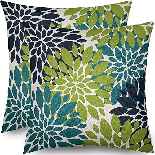 Juego de 2 fundas de almohada de 18 x 18 pulgadas, color azul marino, verde azulado, juego de 2 fundas decorativas de flores geométricas modernas Juego de 2 fundas de almohada de 18 x 18 pulgadas, color azul marino, verde azulado, juego de 2 fundas decorativas de flores geométricas modernas