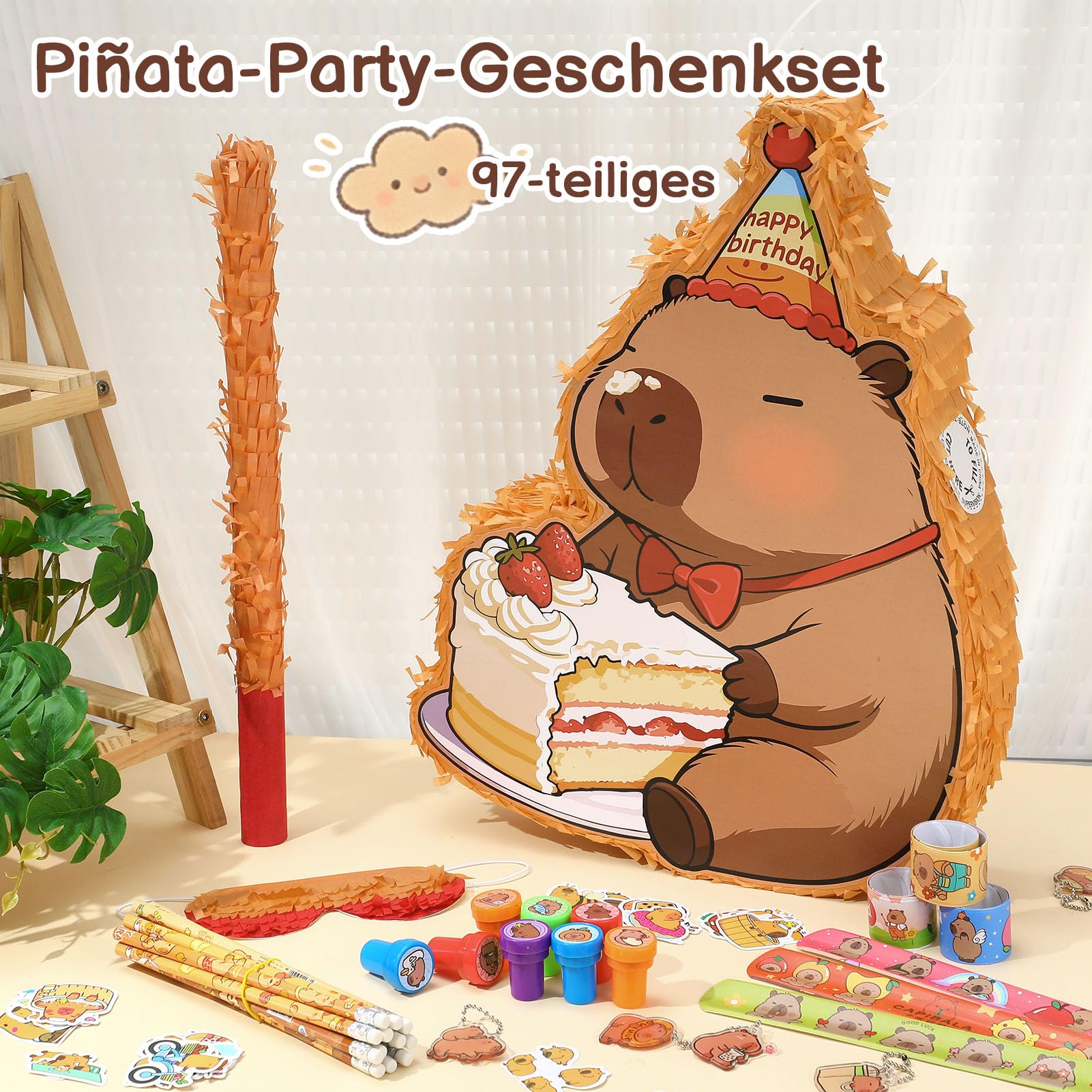 Pinata Geburtstag mit Stab & Maske, Capybara Pinata Set mit 96 Capybara Füllungen, Partypinata zum Aufhängen Befüllen, Piñata als Party Deko in 43x31x7 cm