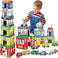 Vista 4 de Atoylink - Juguetes de clasificación y apilamiento para niños pequeños con autos magnéticos de madera y ayudantes comunitarios, bloques de números