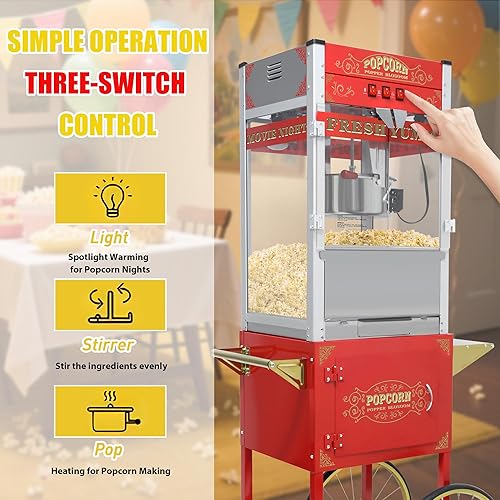 Miniatura 7 de Máquina de palomitas de maíz de 20 onzas con carrito, máquina de palomitas de maíz para cine con ruedas y control de 3 interruptores, máquina